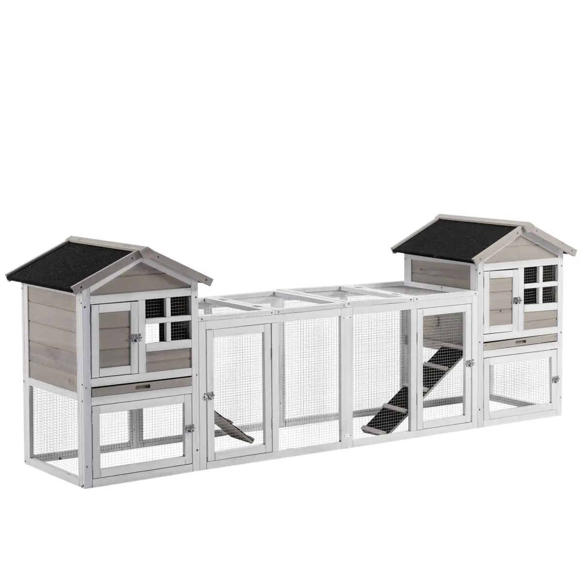 PawHut 2-In-1 Wooden Rabbit Hutch w/ Double House, Run Box, Slide-Out Tray, Ramp - Rabbit Hutch