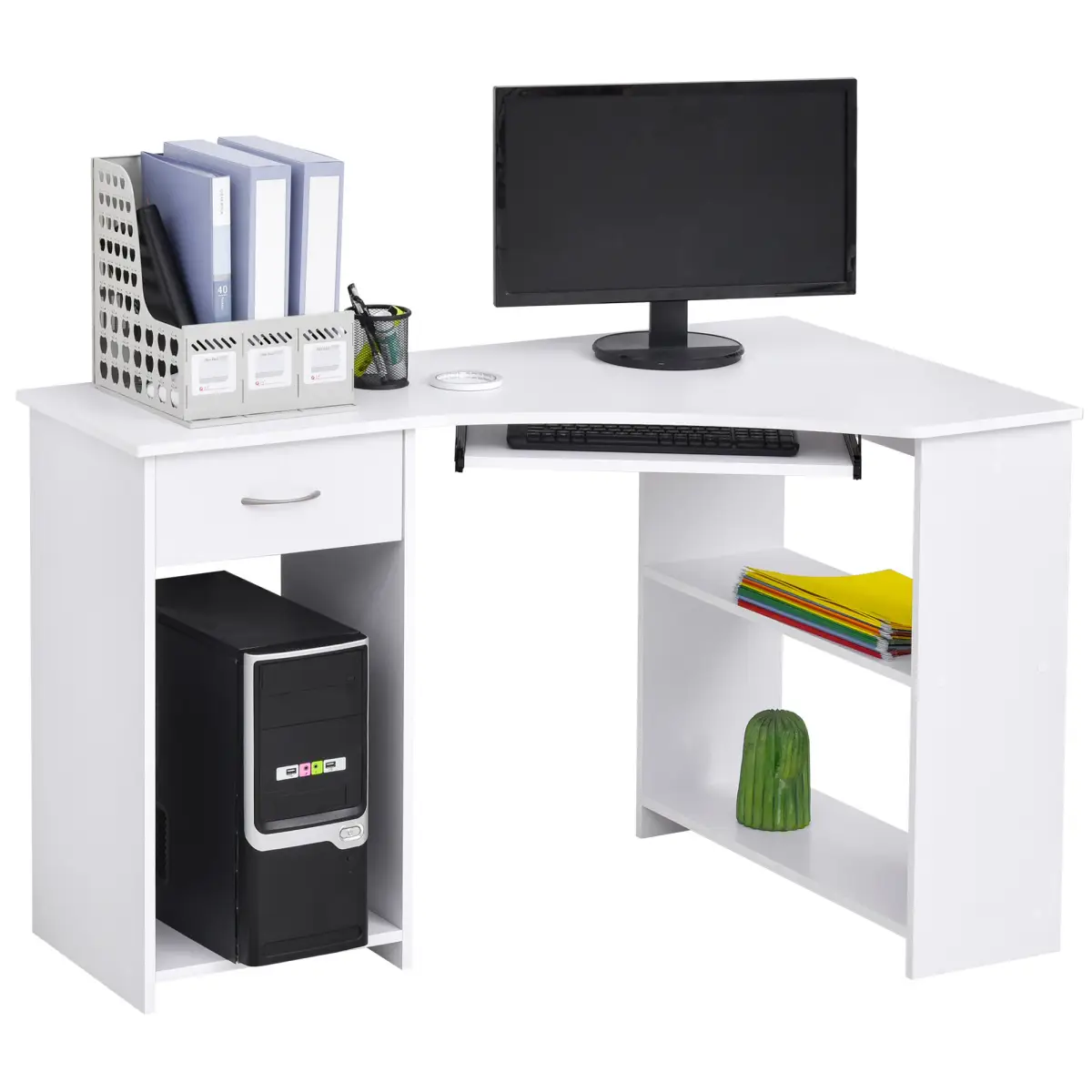 Unbranded L-Shaped Corner Computer Desk w/ 2 Shelves Worktop Keyboard Tray White - Desk
