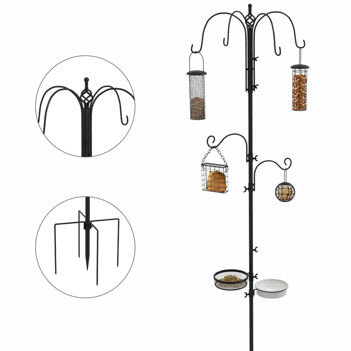 Pawhut Bird Feeding Station Kit Wild Bird Feeder Pole w/ 6 Hooks 4 Hanging Feeders - Bird Feeder
