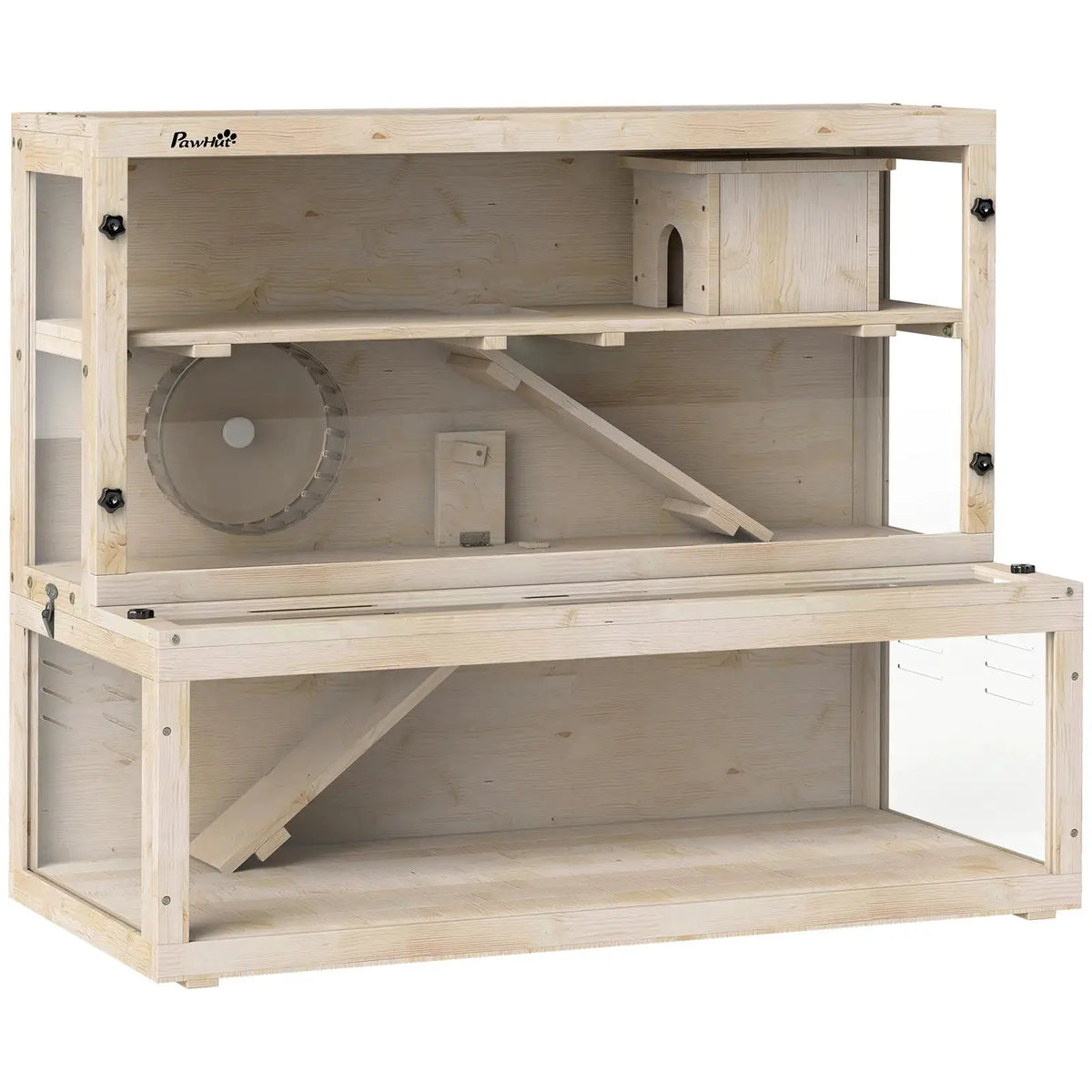 PawHut Wooden Hamster Cage with Hut, Wheel, Ramps, Removable Viewing Panels, 100 x 50 x 84 cm, Natural Wood - from PawHut