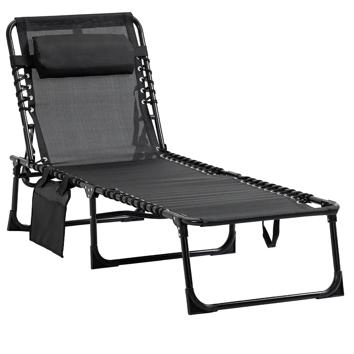 Outsunny Lounger Folding Reclining Camping Bed 5-position Adjustable Black - Sun Lounger