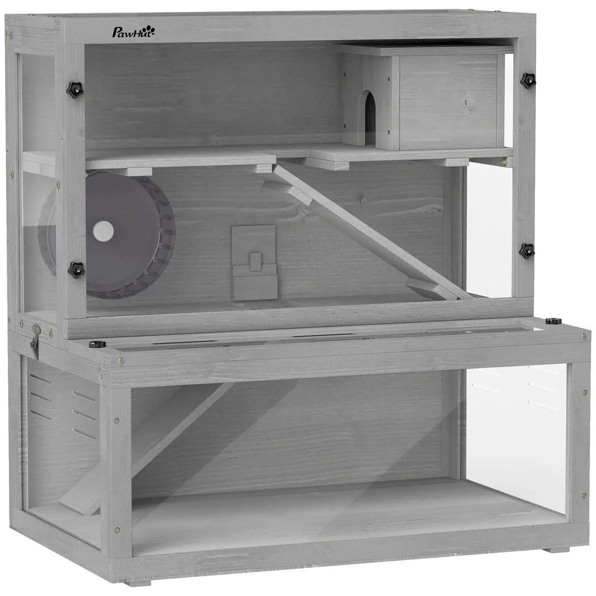 PawHut Wooden Hamster Cage with Hut, Wheel, Ramps, Removable Viewing Panels, 80 x 50 x 84 cm, Grey - from PawHut
