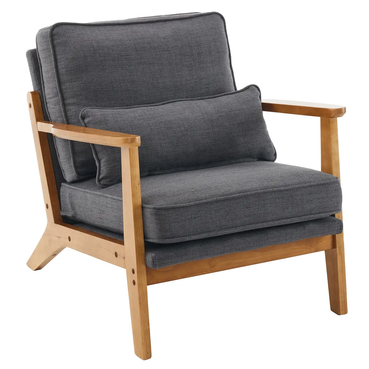 N/A Mid-Century Oak Accent Chair - Linen-Cotton Dark Gray Upholstered Single Lounge Chair, Indoor Armchair with Sturdy Wood Frame (330LBS Weight Capacity) - Accent Chair