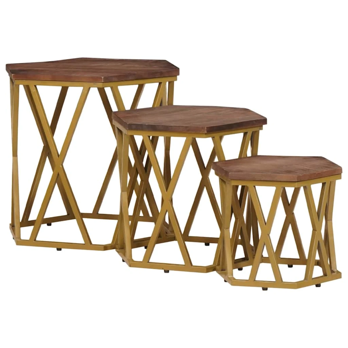 VidaXL Hexagonal Nesting Coffee Tables Set 55x55x50 cm Solid Mango Wood With Gold Frame Living Room Decor by vidaXL