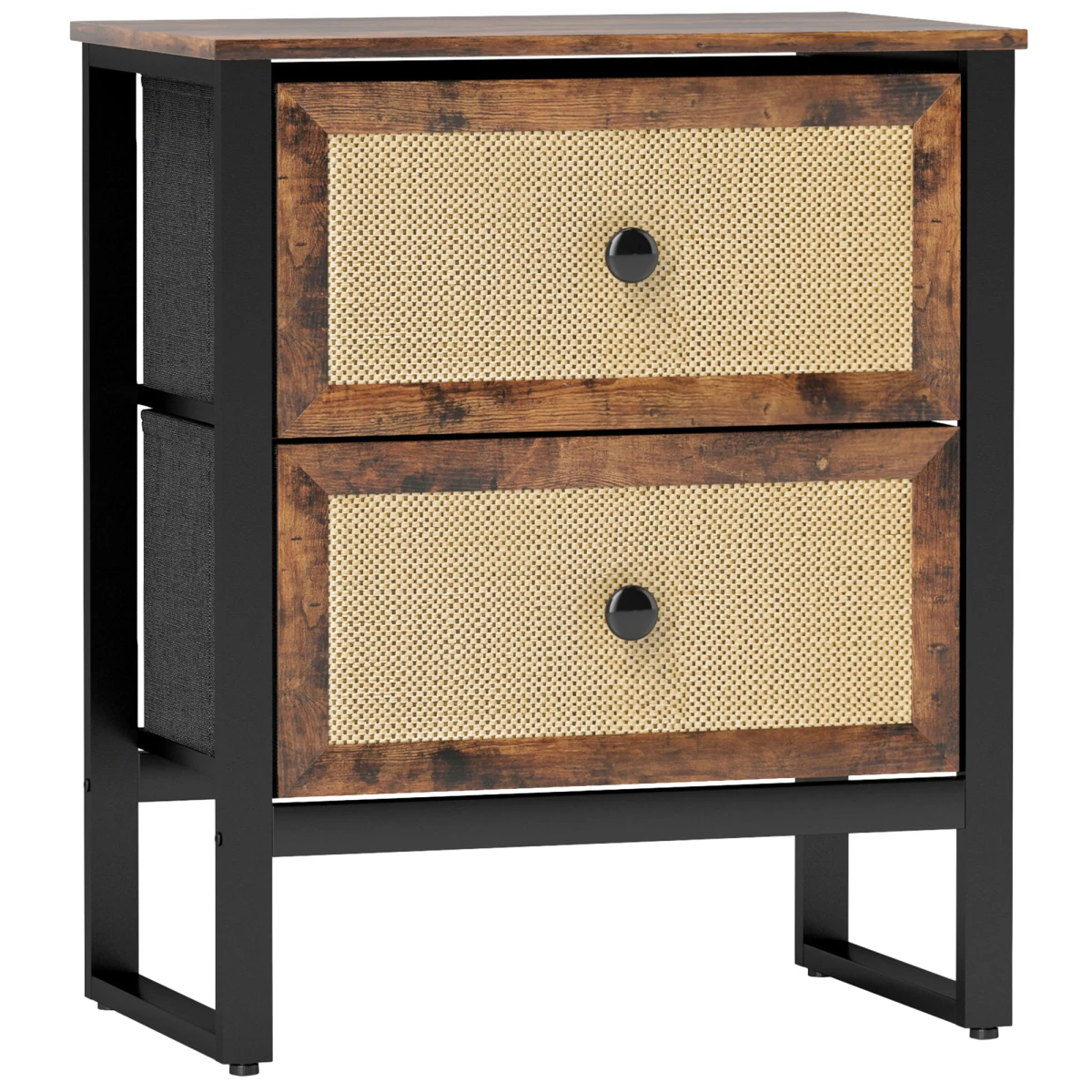 HOMCOM HOMCOM Bedside Table Compact Two Rattan Drawers With Steel Legs Rustic Brown Finish For Bedroom Decor - Bedside Table