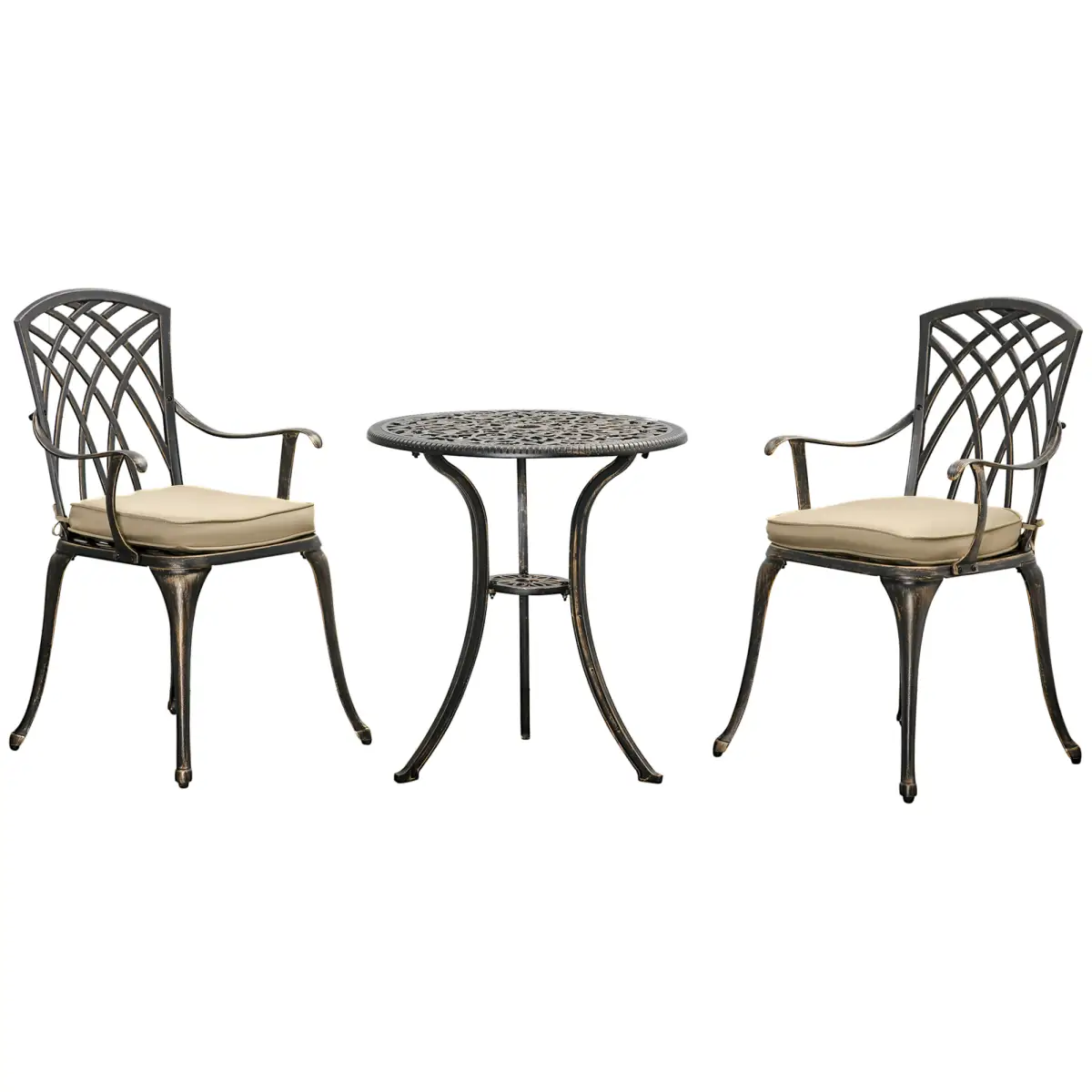 Outsunny 3Pc Cast Aluminium Garden Bistro Set for 2 Parasol Hole, Cushions Bronze - Parasol