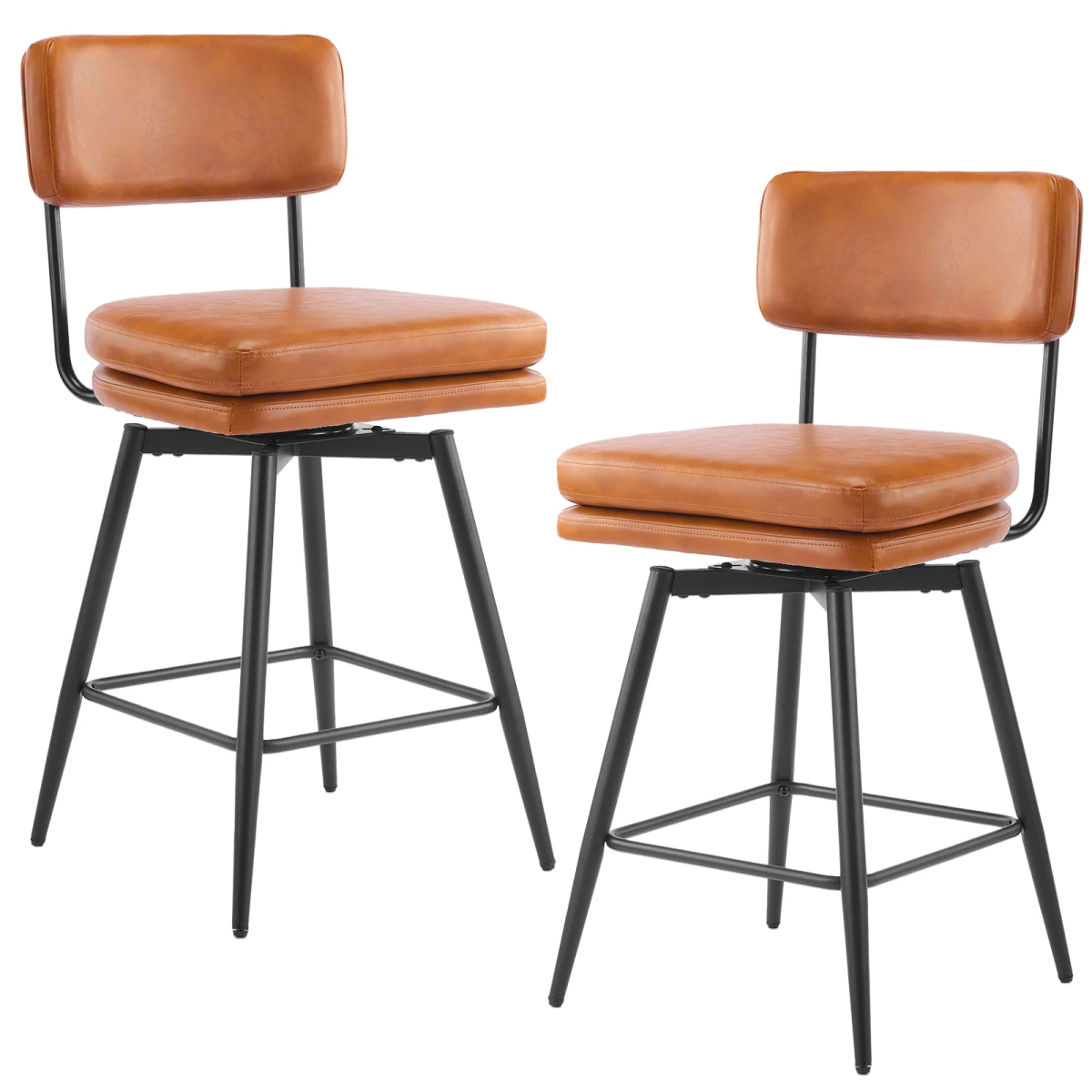 2 Pcs Brown PU Swivel Bar Stools with Removable Backrest & Double-Layer Seat, Metal Legs by N/A