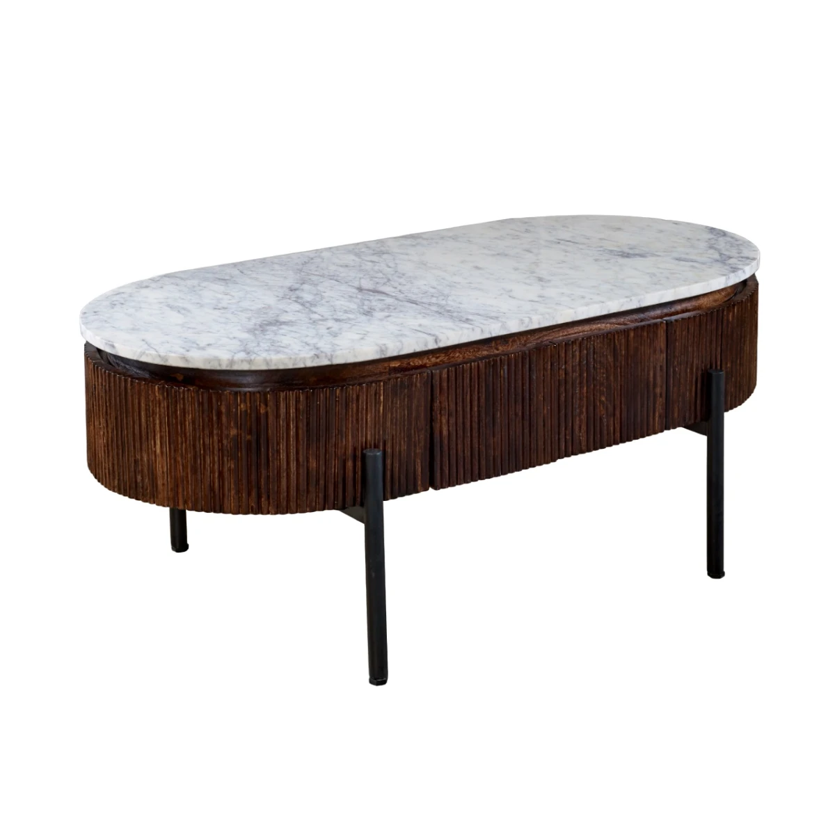 Opal Mango Wood Coffee Table Marble Top Fluted Base With Metal Legs For Living Room by Indian Hub