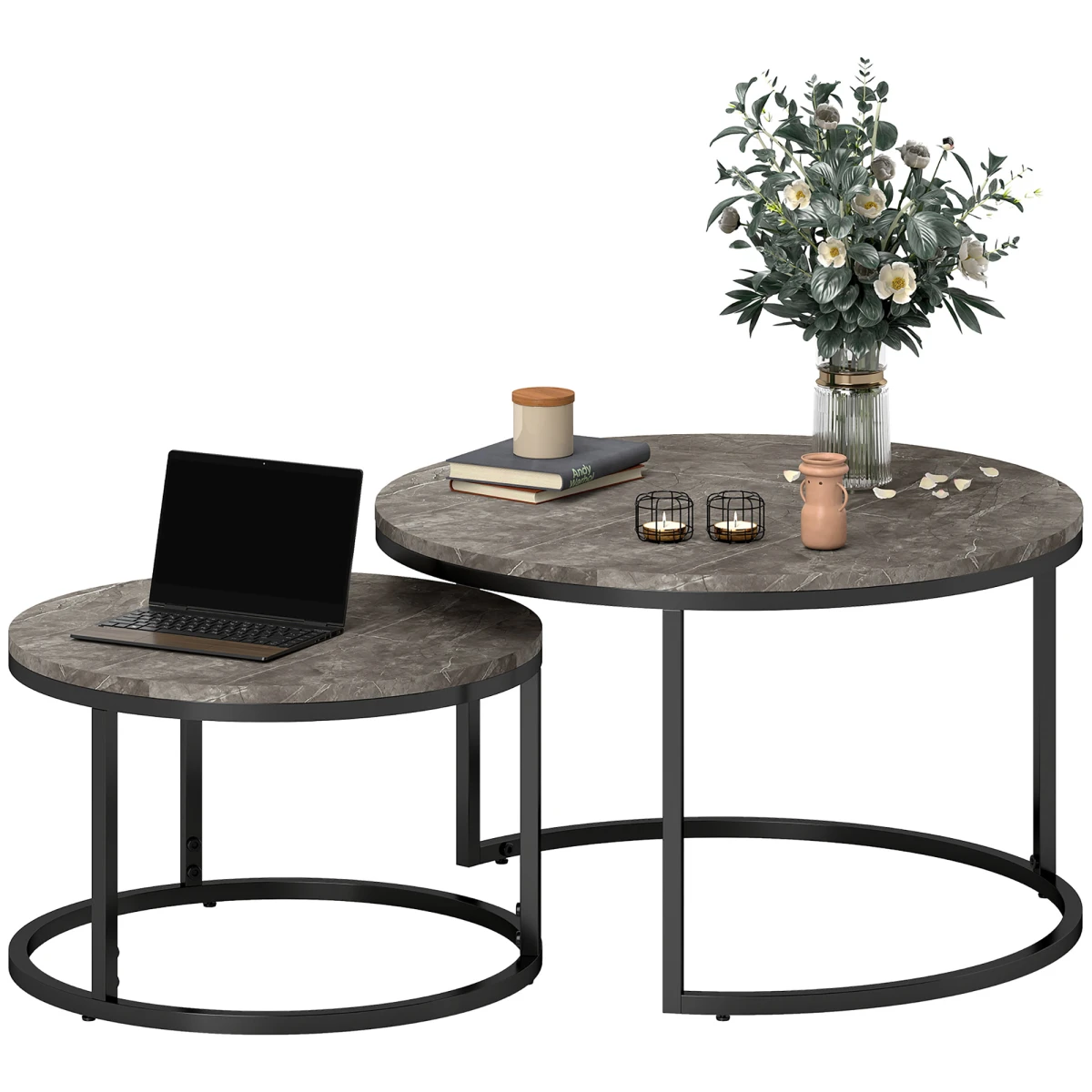 HOMCOM Two Piece Stacking Coffee Tables Set Large And Small Marble Effect MDF Tops Steel Frame With Foot Pads For Living Room by HOMCOM