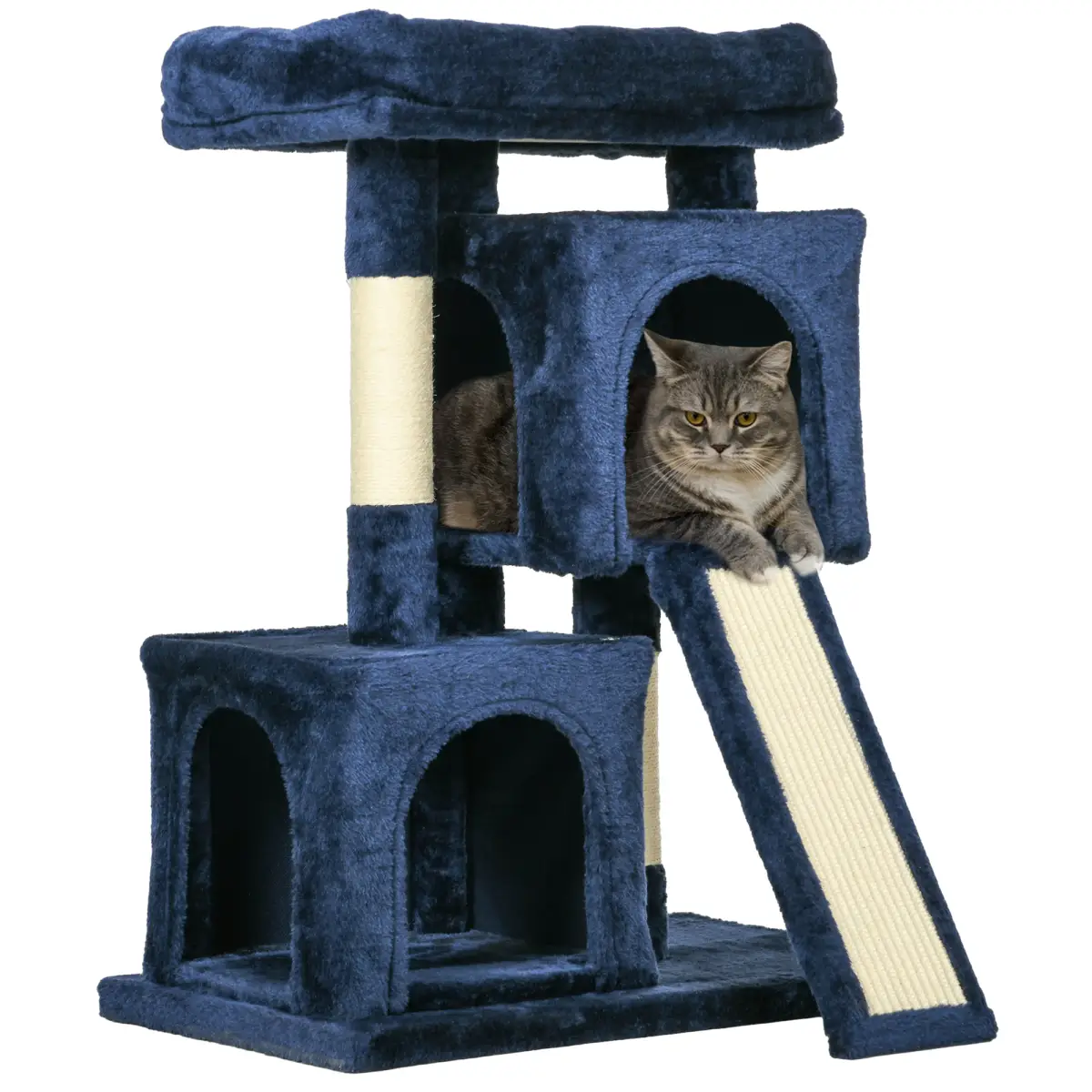 PawHut Cat Rest & Play Activity Tree w/ 2 House Perch Scratching Post Navy Blue - Cat Tree