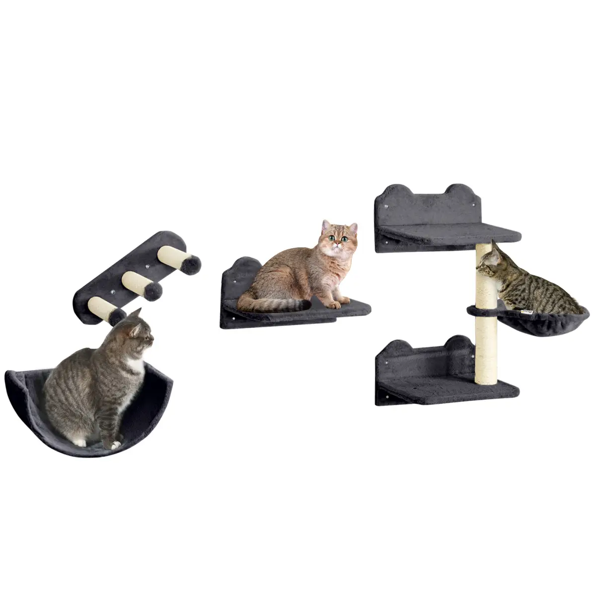 PawHut PawHut 4PCs Wall Mounted Cat Tree Cat Wall Shelves W/ Scratching Post Dark Grey - Cat Tree