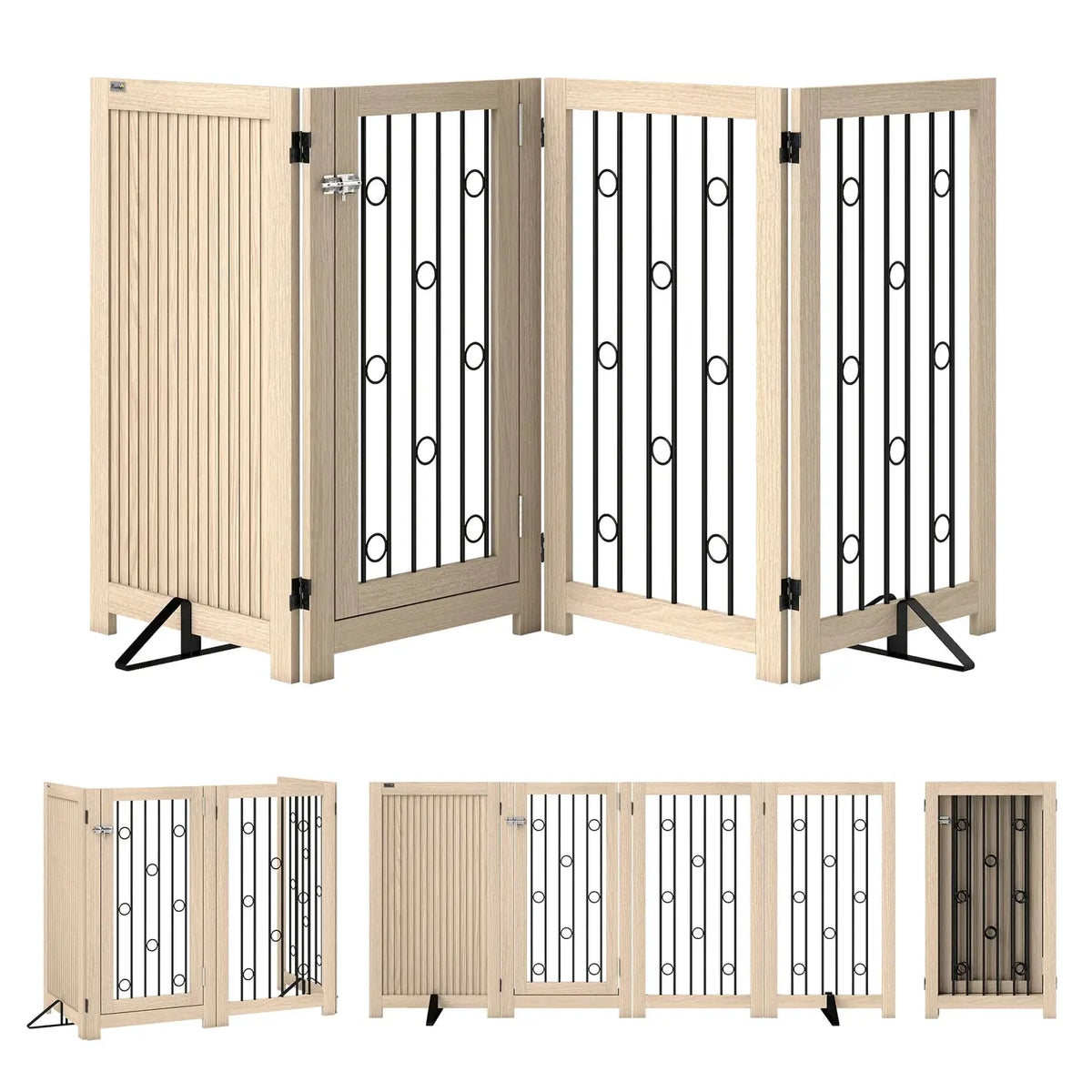 PawHut 4 Panel Freestanding Pet Gate, Indoor Dog Barrier with Lockable Door, Support Feet, 360° Flexible Hinges, Oak - from PawHut