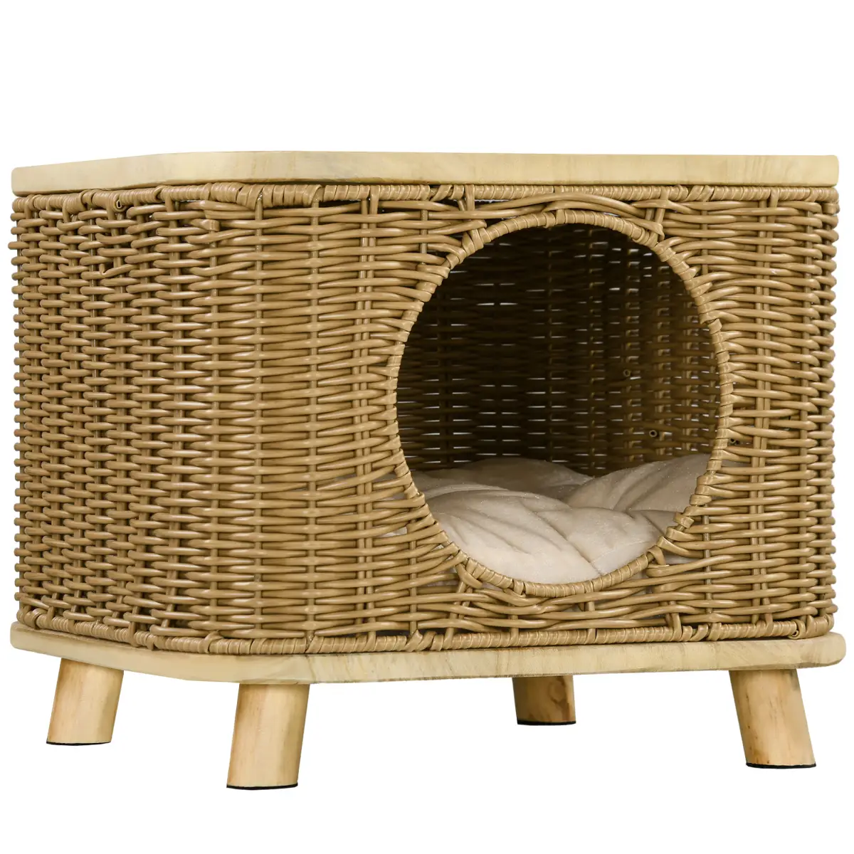 PawHut Elevated Design Wicker Cat House with Washable Cushion, Light Brown - Cat House