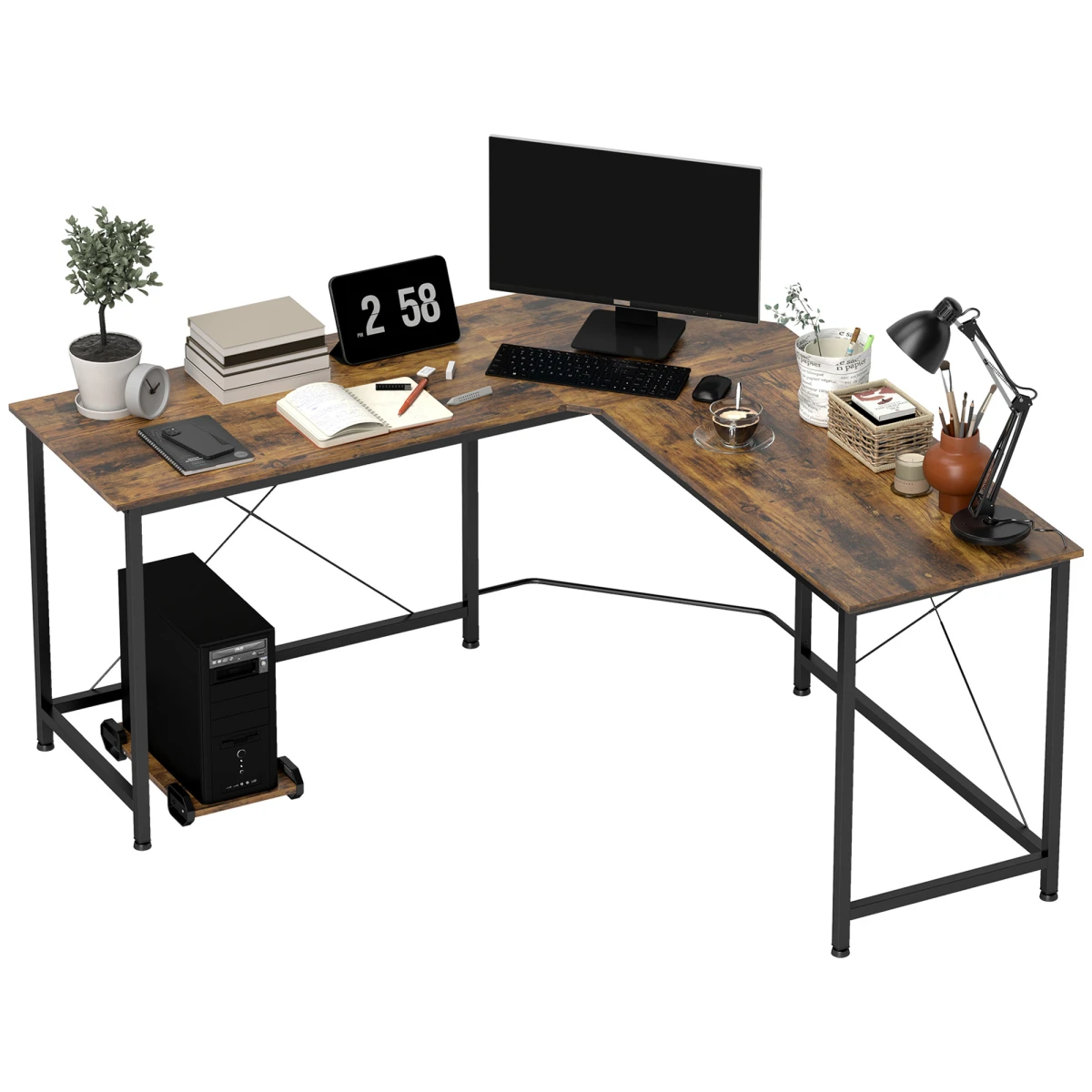 Industrial L-Shape Desk 60x24in Wood Grain Office