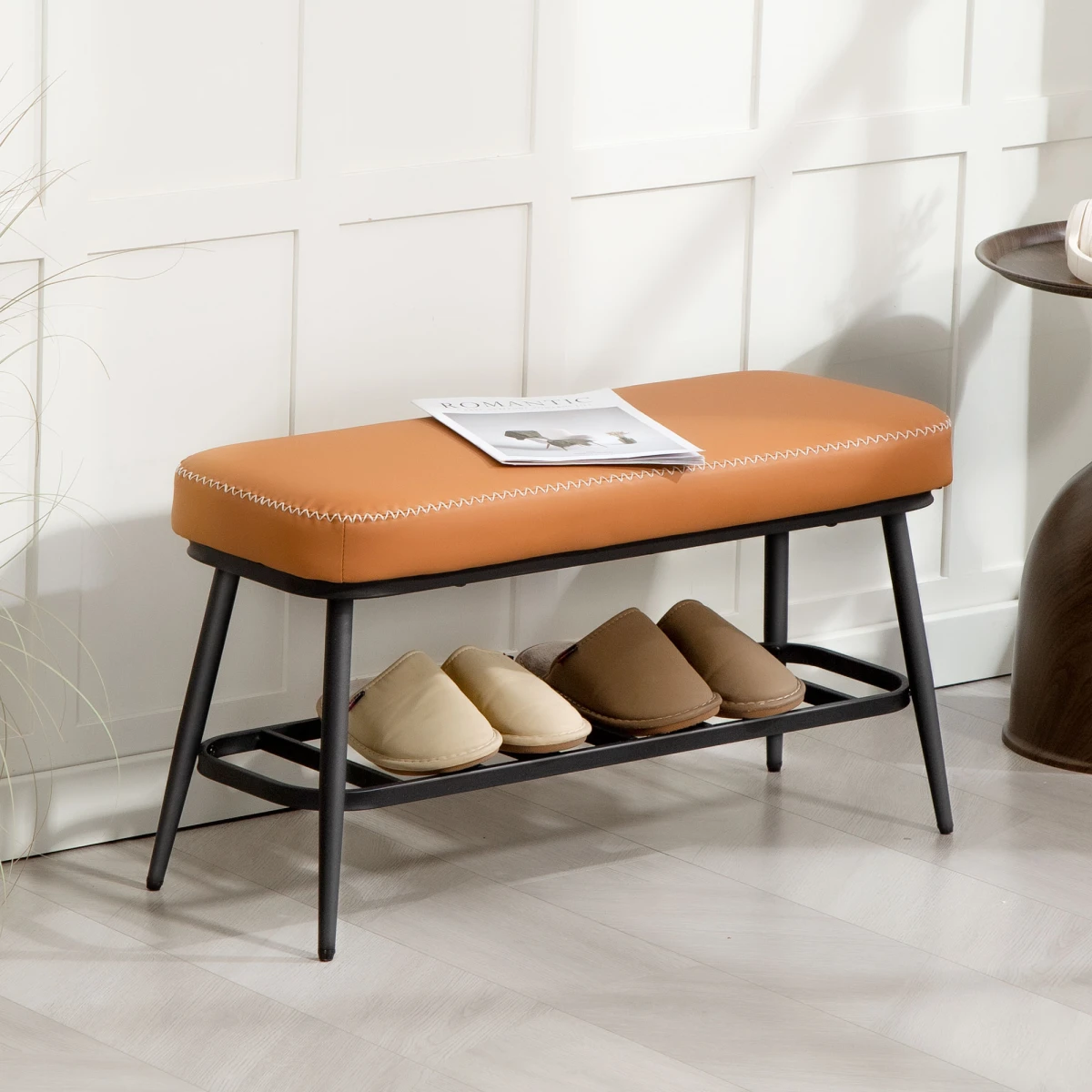 N/A Premium Leather Storage Bench With 7 Cm Cushion And Four Pair Shoe Shelf For Entryway Organization - Shoe Storage