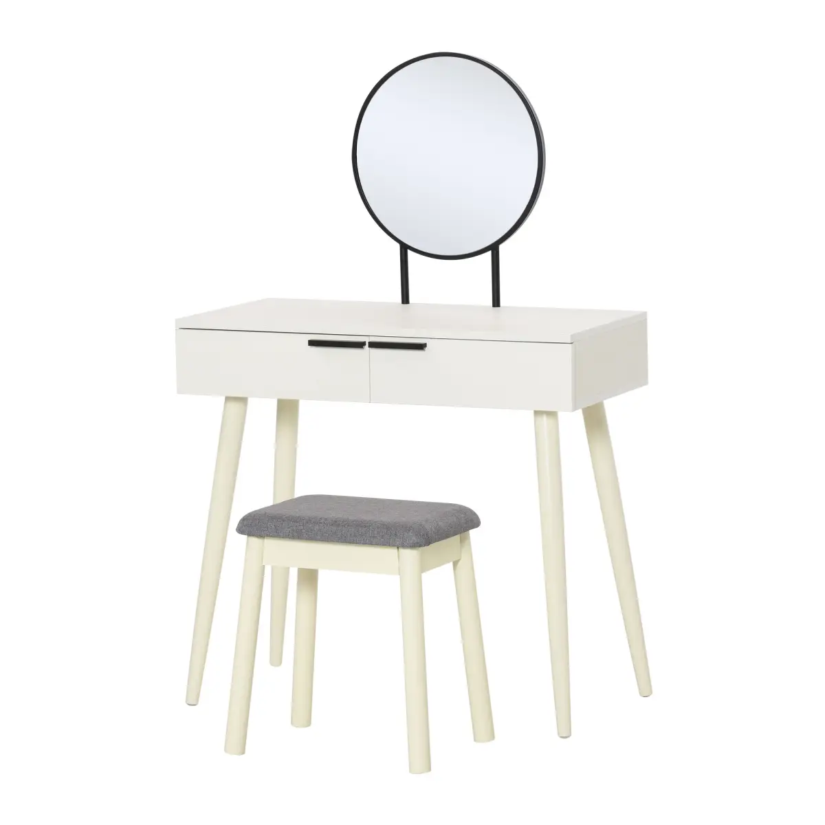 HOMCOM Dressing Table Vanity Set Makeup Desk with Round Mirror Cushioned Stool White - Desk