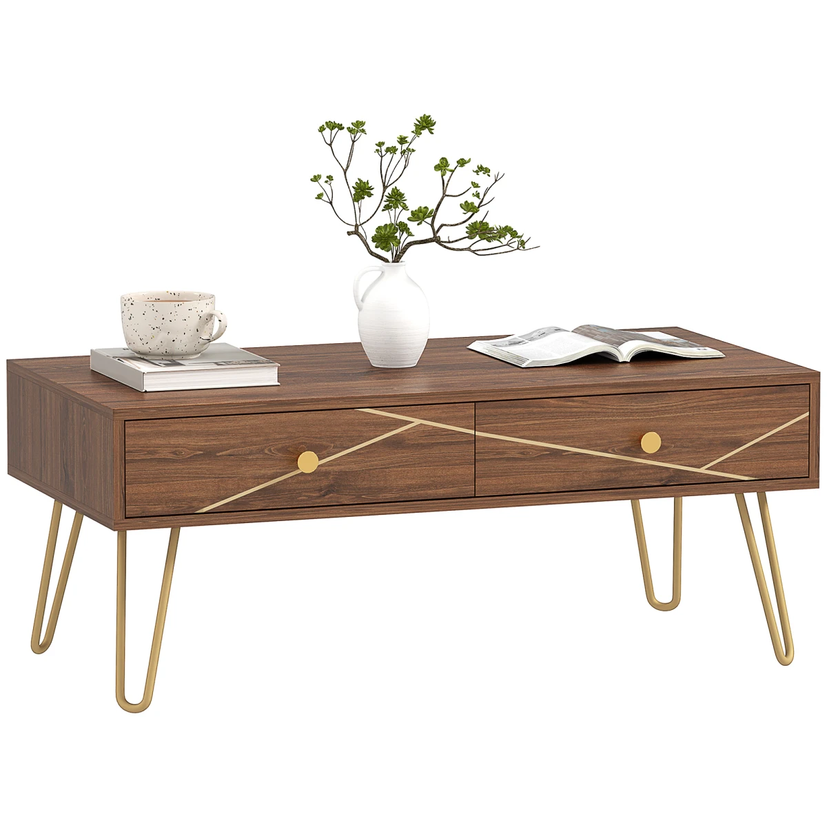 HOMCOM Coffee Table Long Woodgrain Finish With Two Drawers Gold Hairpin Legs Living Room by HOMCOM