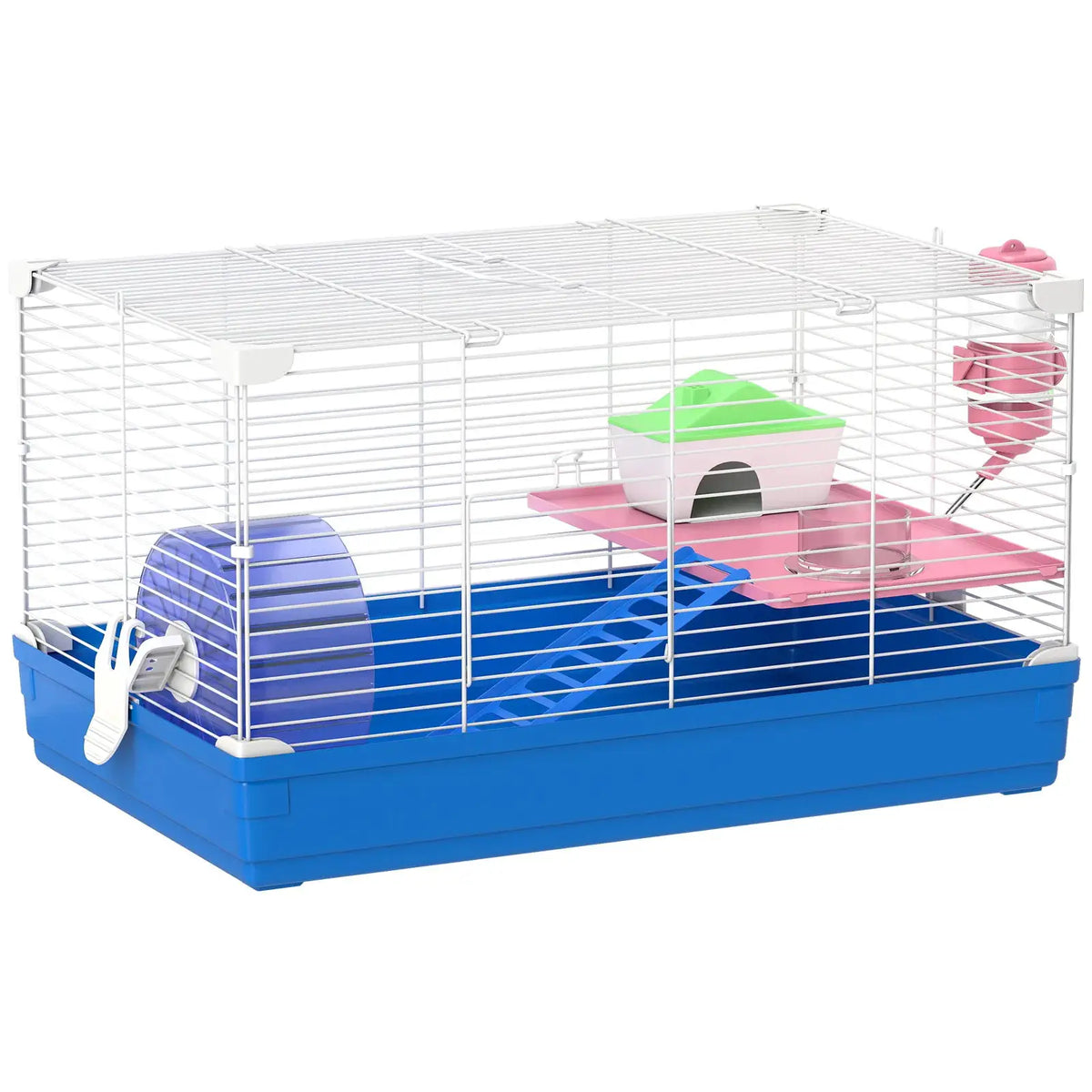 PawHut Hamster Cage, Small Gerbil Cage 2 Tiers Portable w/ Handle, Exercise Wheel, Water Bottle, Dishes, Blue - from PawHut