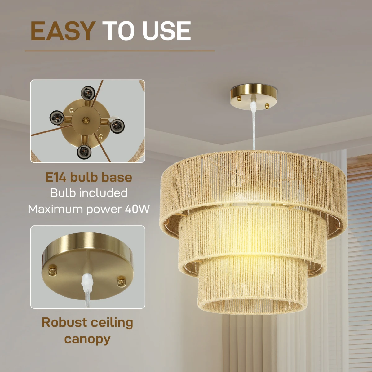 Boho Floor Lamp Tall Three Tier Hemp Rope Shade Diffused Light For Living Room Ambience by N/A