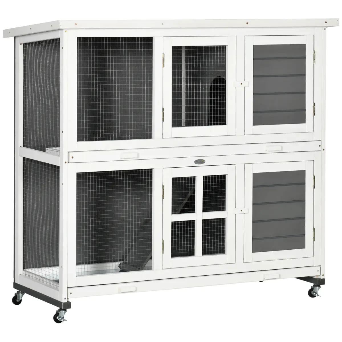 PawHut PawHut Wooden Rabbit Hutch, Small Animal House w/ Wheels, Removable Tray - Grey - Rabbit Hutch