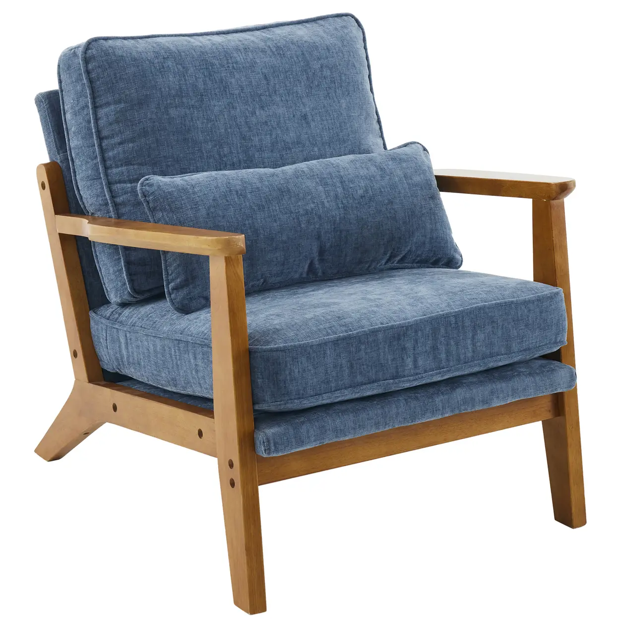 N/A Mid-Century Oak Accent Chair - Deep Navy Blue Chenille Upholstered Single Lounge Chair, Sturdy Wood Frame Indoor Armchair (330LBS Weight Capacity) - Accent Chair