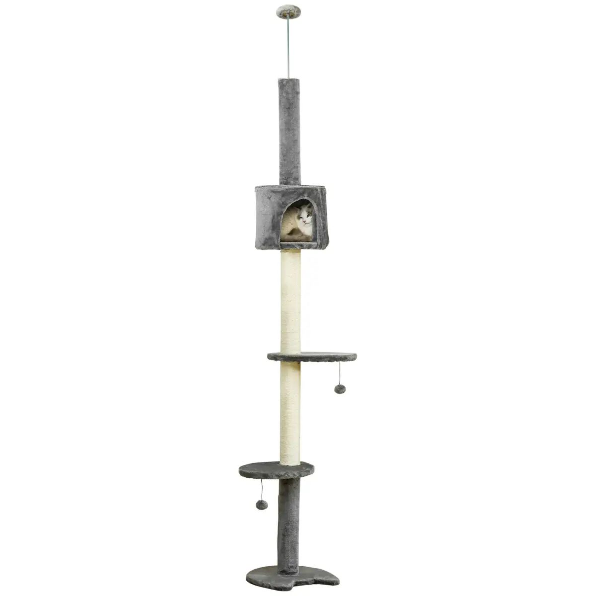 Pawhut Cat Tree, Multi-Floor Pet Playhouse w/ Solid Scratching Post, Light Grey - Cat Tree