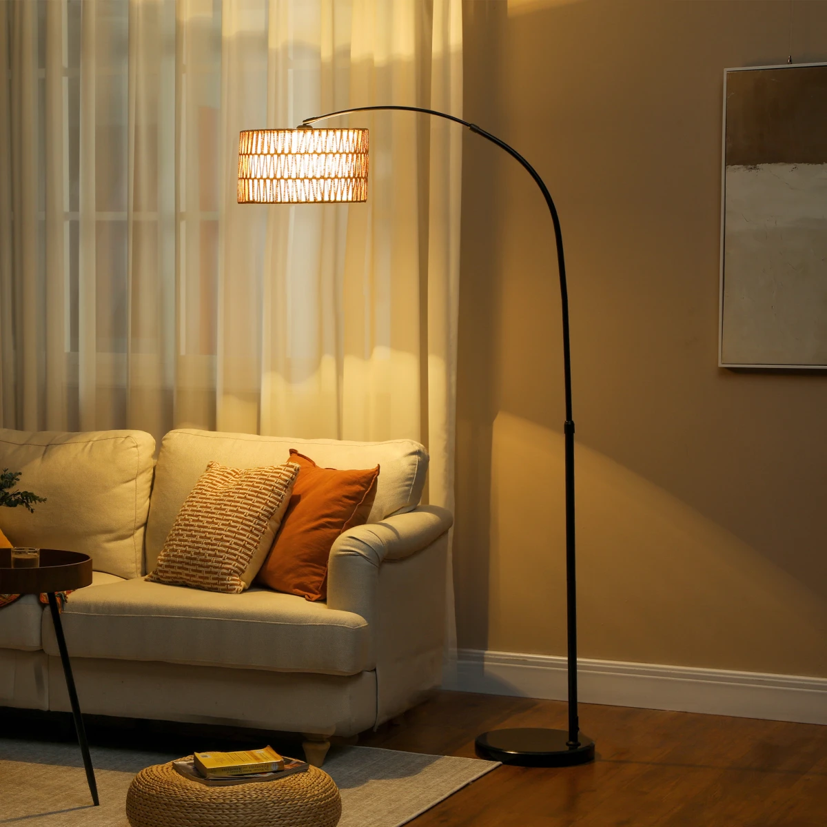 Premium Floor Lamp With Adjustable Height Lantern Shade Hemp Rope Marble Base Foot Switch For Living Room by N/A