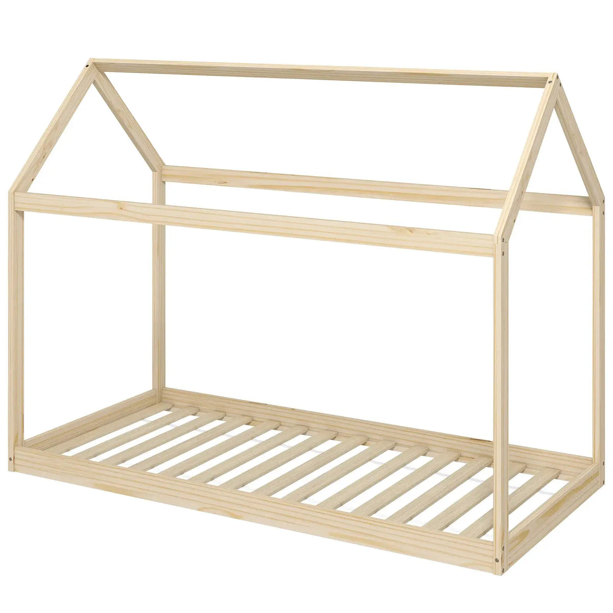 HOMCOM Single Bed Frame, House Scandinavian Wooden Bed Frame for 90W x 190Dcm Mattress, Pine Wood Bed Base, Natural Wood Finish - from HOMCOM