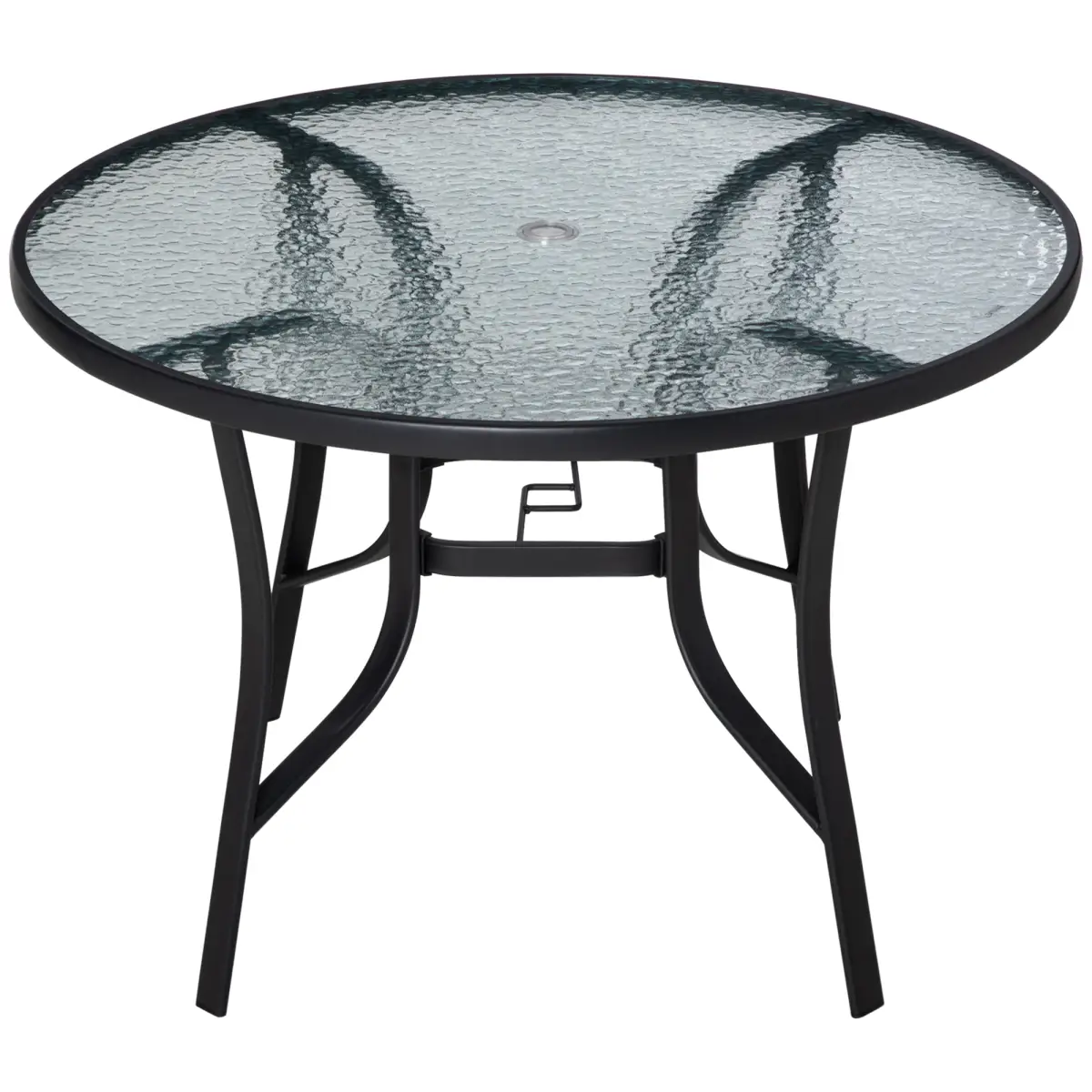 Outsunny 106cm Round Garden Dining Table with Parasol Hole Tempered Glass Top Steel Frame - Garden Table