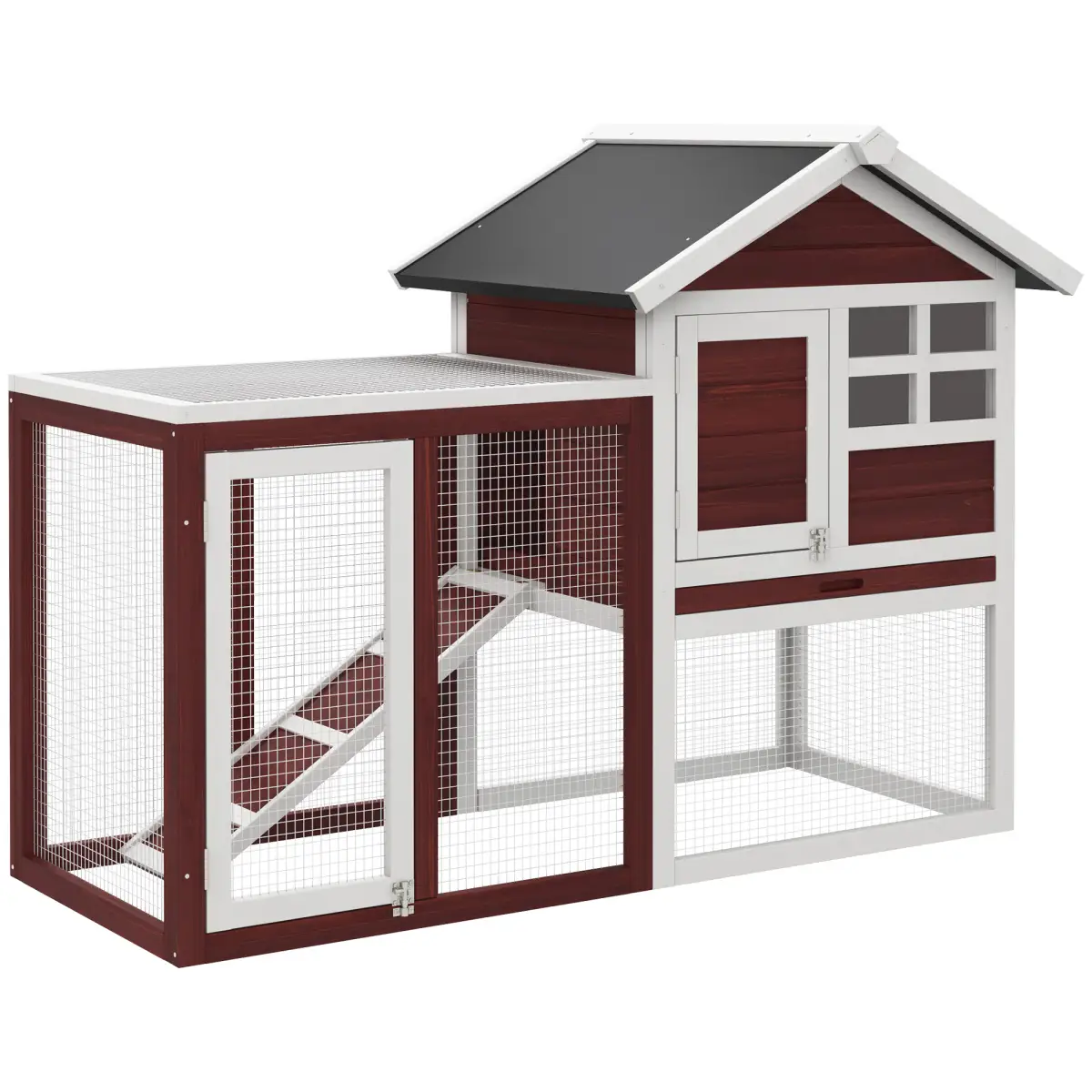 Pawhut 122cm Rabbit Hutch Cage Bunny House Wooden Habitat Pet Small Animal w/ Tray Ramp - Rabbit Hutch