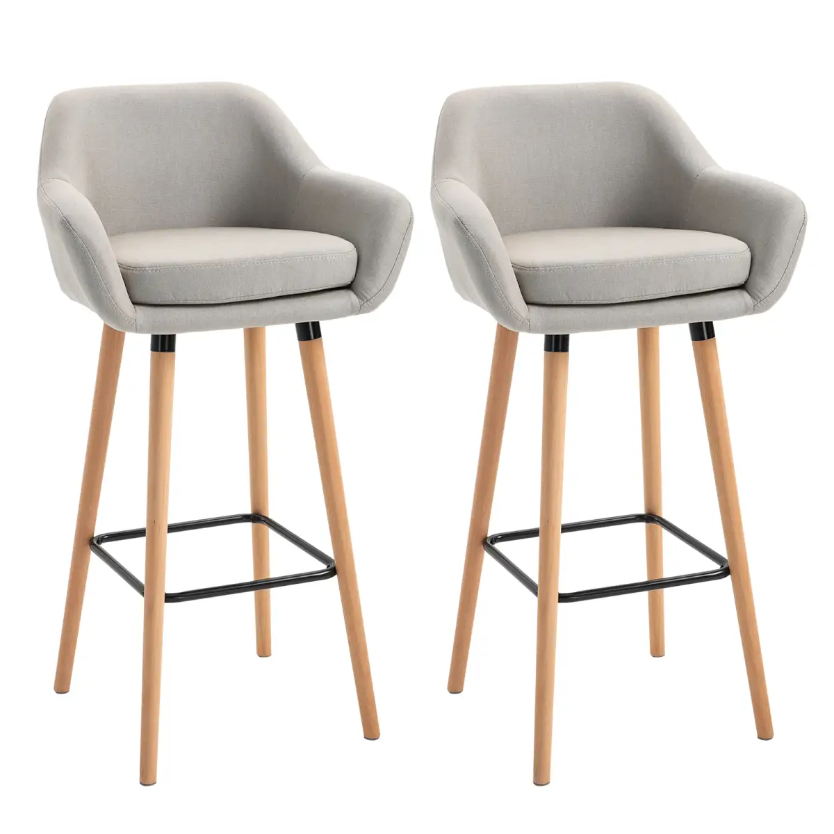 HOMCOM 2 PCs Modern Upholstered Fabric Bucket Seat Bar Stools w/ Solid Wood Legs Beige - Bar Stool