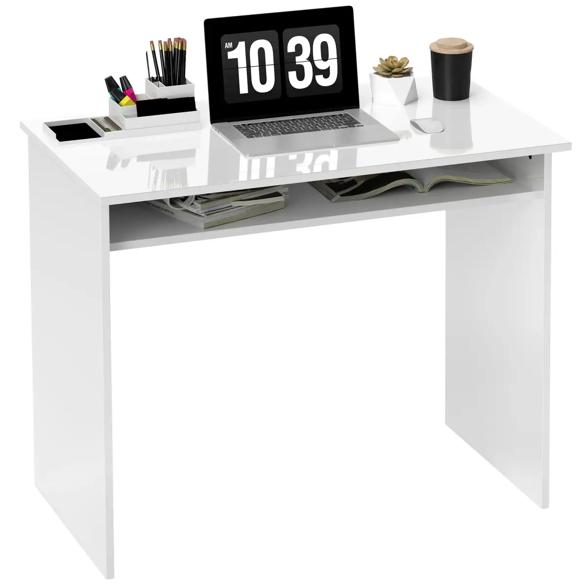HOMCOM HOMCOM Computer Desk Writing Table Study Workstation Storage High Gloss White - Desk