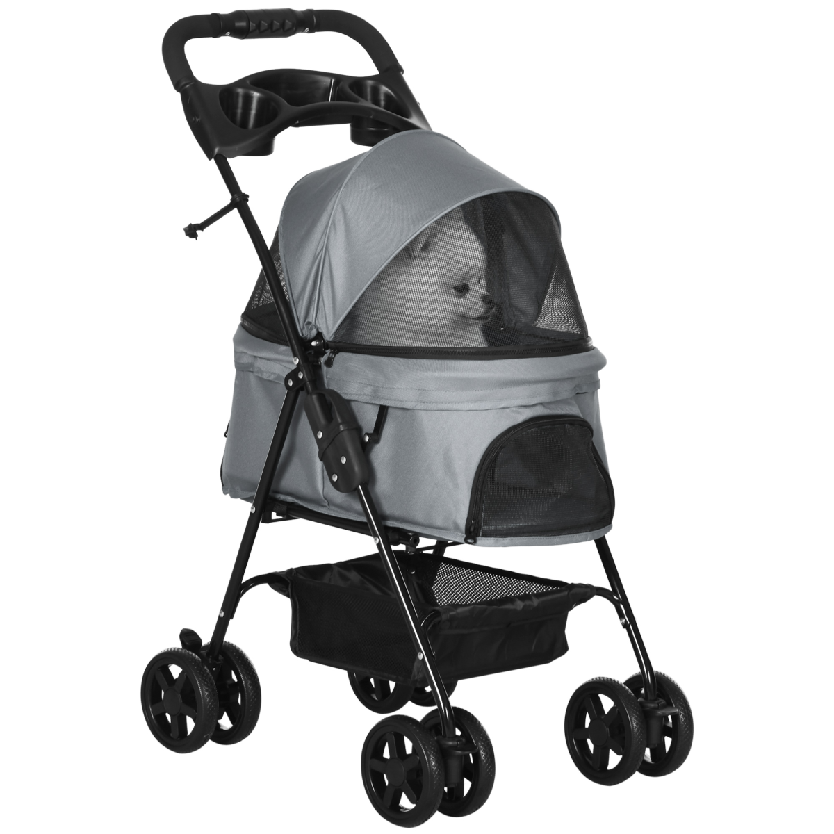 Pet Stroller No-Zip Foldable Travel Carriage with Brake Basket Adjustable Canopy - from Unbranded