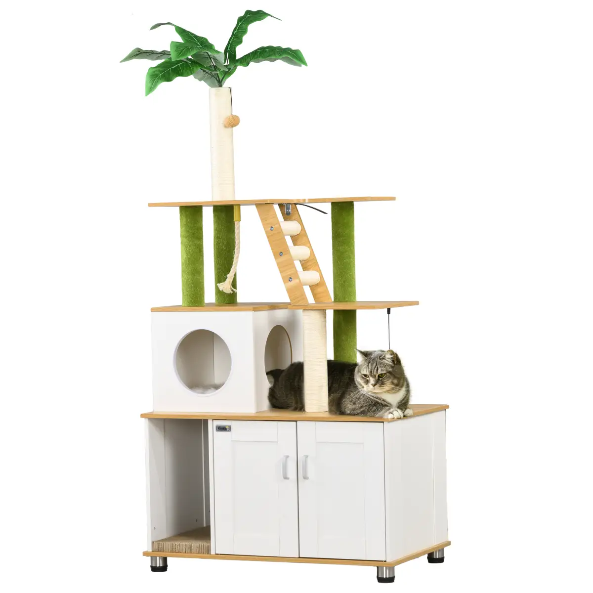 PawHut PawHut 2 in 1 Hidden Litter Box with Green Leaf Cat Tree, Indoor, Oak - Cat Tree