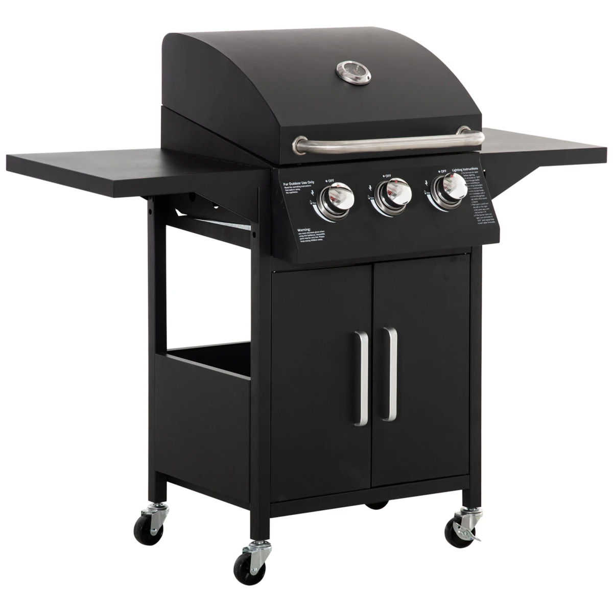 Outsunny 3 Burner Gas BBQ Grill Portable Barbecue Trolley Warming Rack Storage Cabinet - Wine Rack