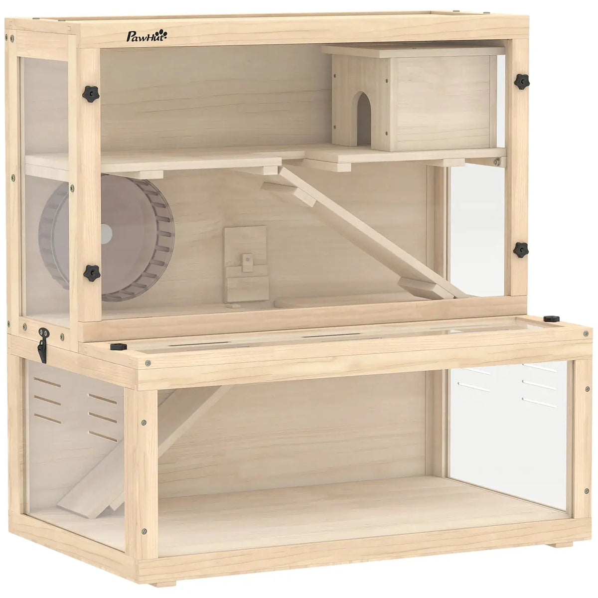 PawHut Wooden Hamster Cage with Hut, Wheel, Ramps, Removable Viewing Panels, 80 x 50 x 84 cm, Natural - from PawHut