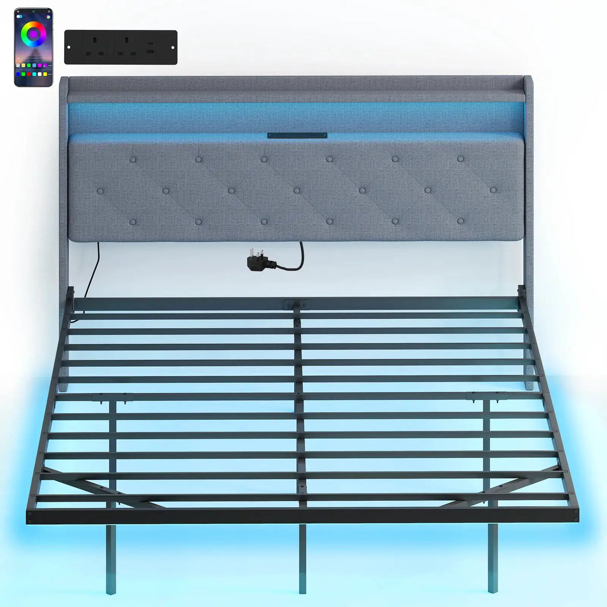 HOMCOM Floating Bed Frame, Upholstered 5ft King Size Bed, Platform Bed with RGB LED Lights and Charging Station, Grey - from HOMCOM