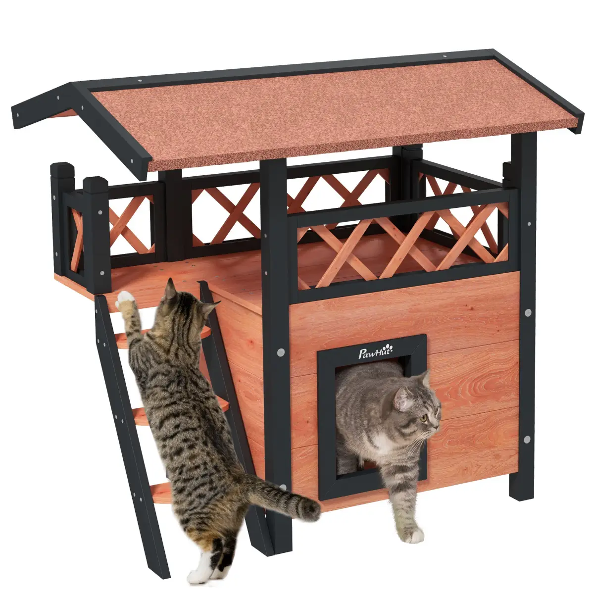 PawHut PawHut Outdoor Cat House with Balcony Stairs Roof, Brown - Cat House