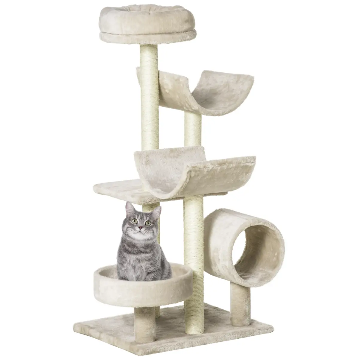 Pawhut Multi-Level Large Cat Tree Scratching Post Perch Play Center Tunnel Beige - Cat Tree