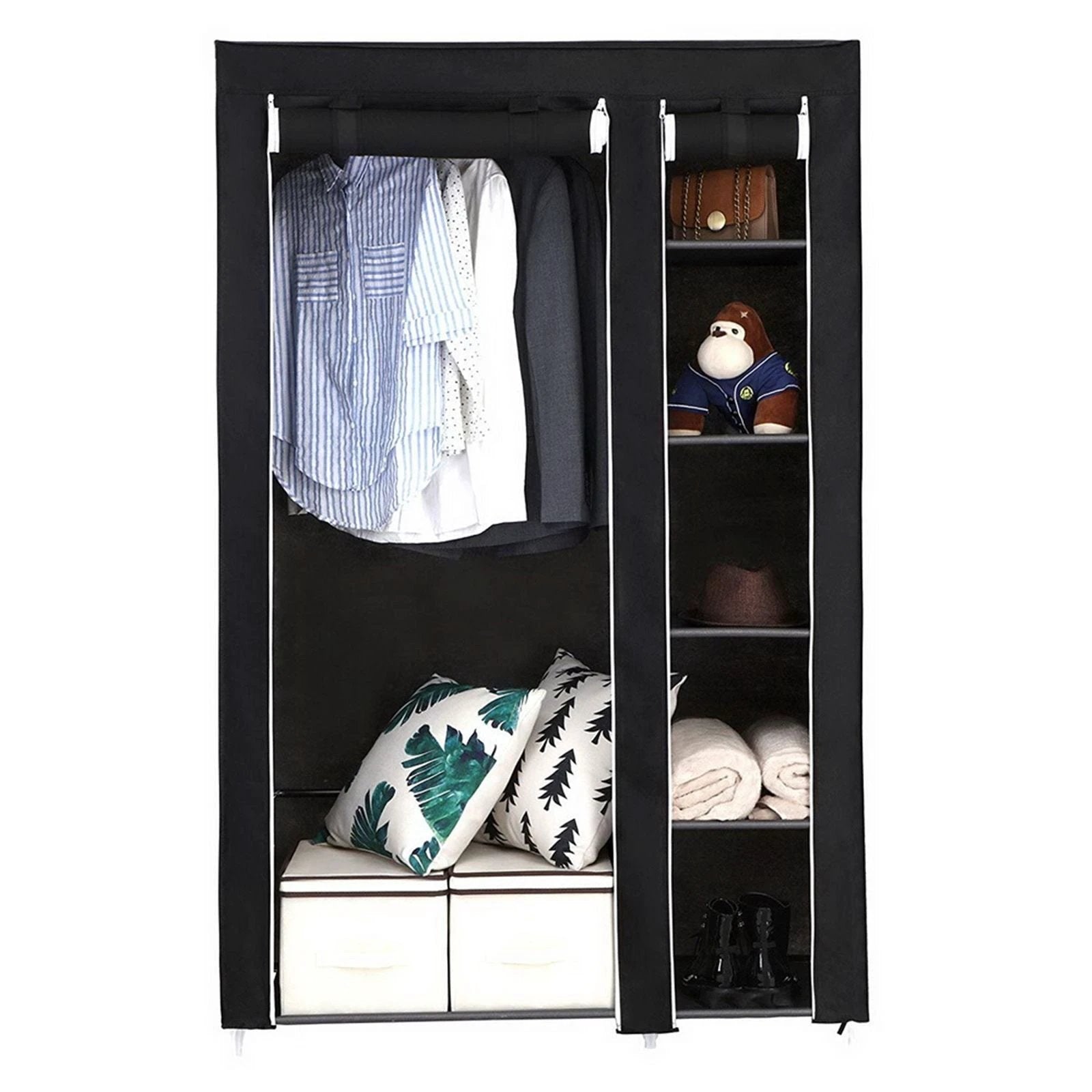 67" Portable Clothes Closet Wardrobe with Non-woven Fabric and Hanging Rod Quick and Easy to Assemble Black by N/A