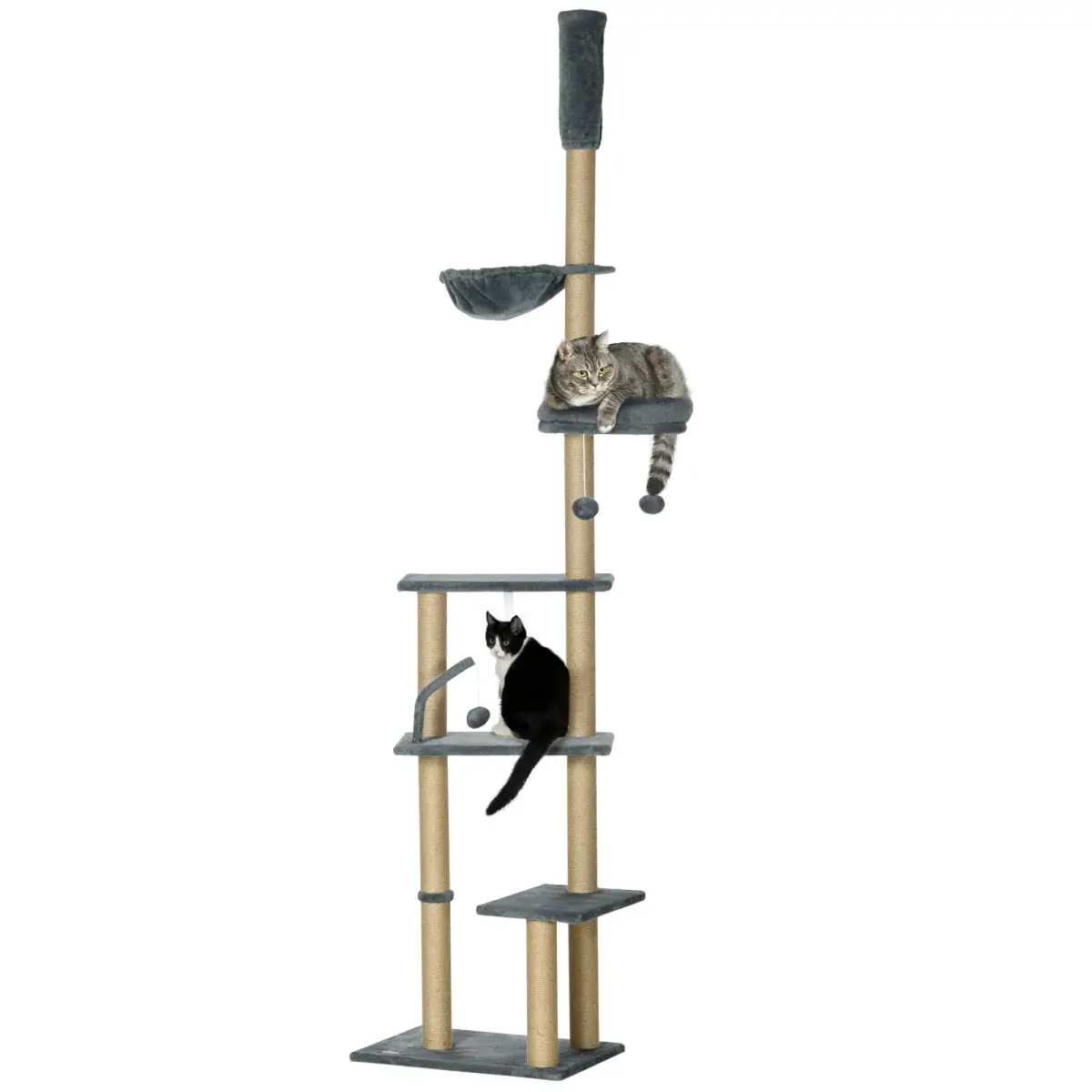 PawHut 6-Tier Floor to Ceiling Cat Tree with Scratching Post, Bed, Hammock, Grey - Cat Tree
