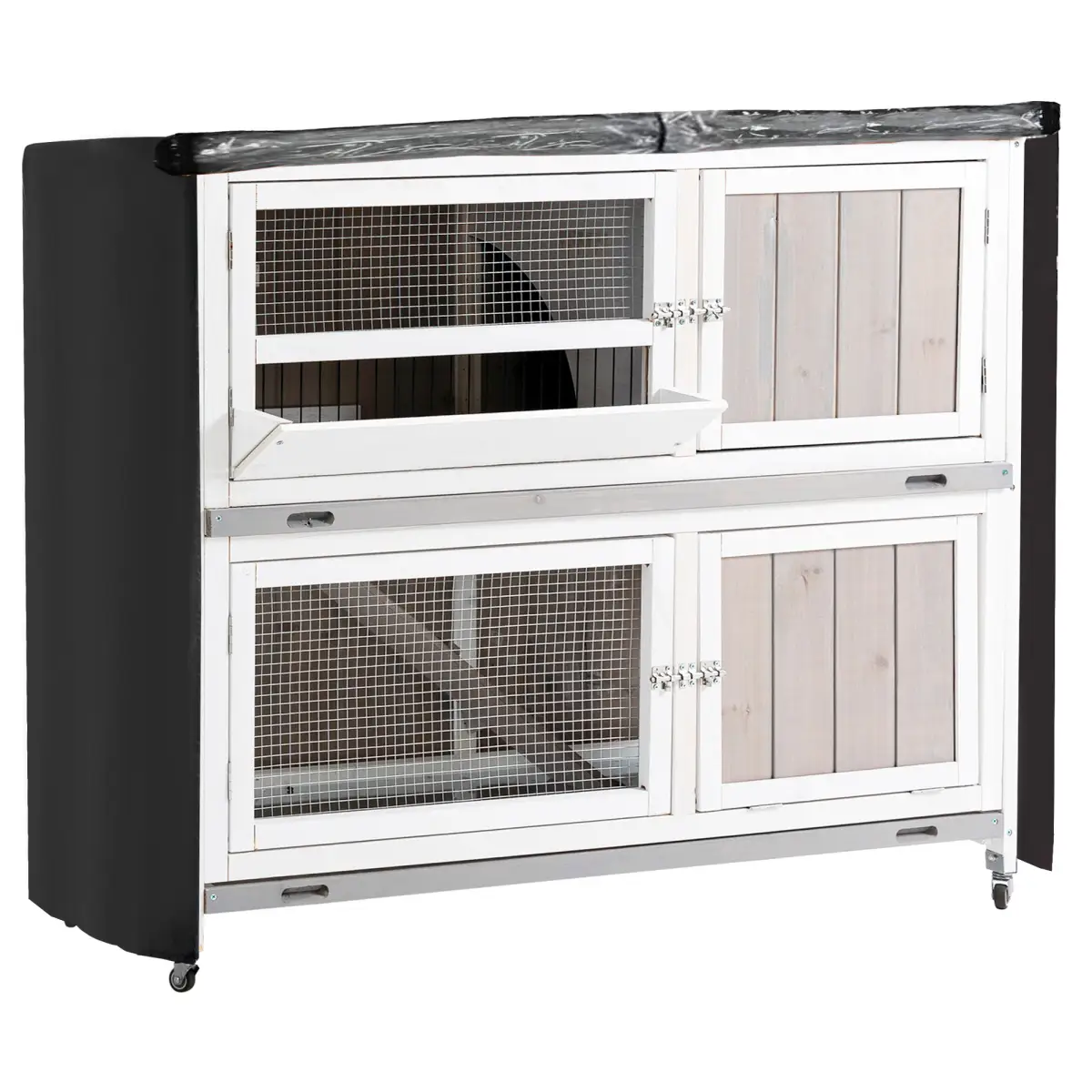 Unbranded Two-Tier Wooden Rabbit Hutch w/ Wheels, Trough, Rain Cover, Tray - Grey Pawhut - Rabbit Hutch