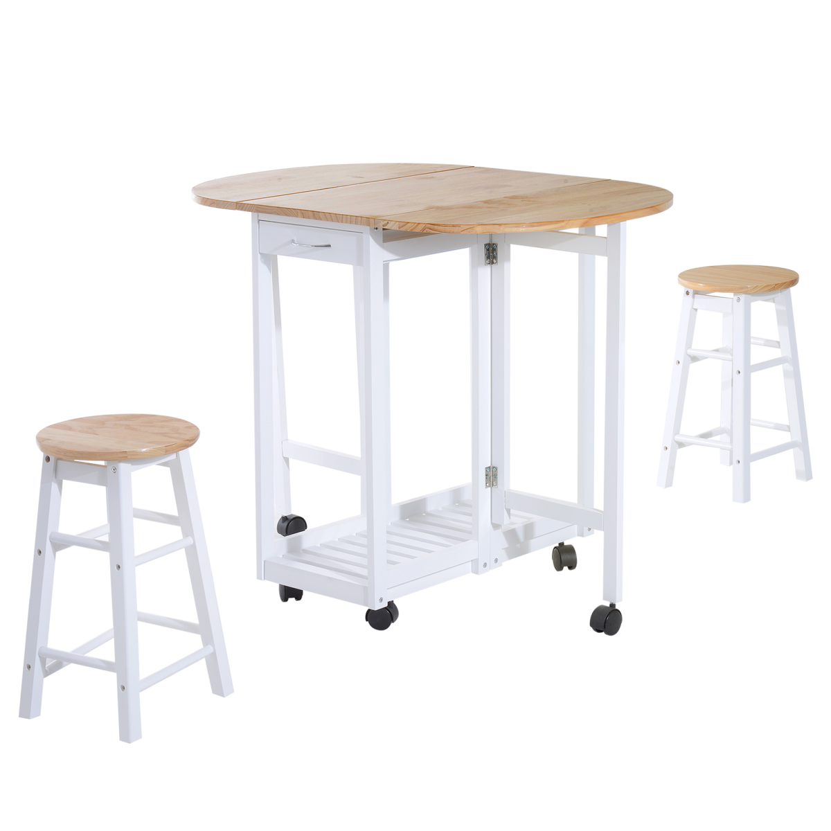 3pc Wooden Kitchen Cart Mobile Rolling Trolley Folding Stools Wheels Drawers - from Unbranded