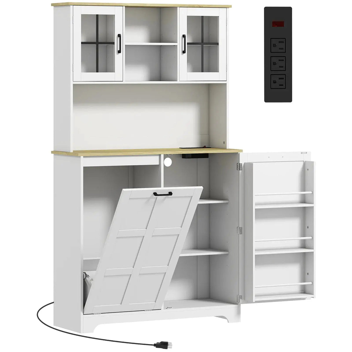 HOMCOM 175cm Tall Kitchen Cabinet, Kitchen Cupboard with Rubbish Bin Cabinet, 3 Door Shelves and 2 Acrylic Doors, White - from HOMCOM