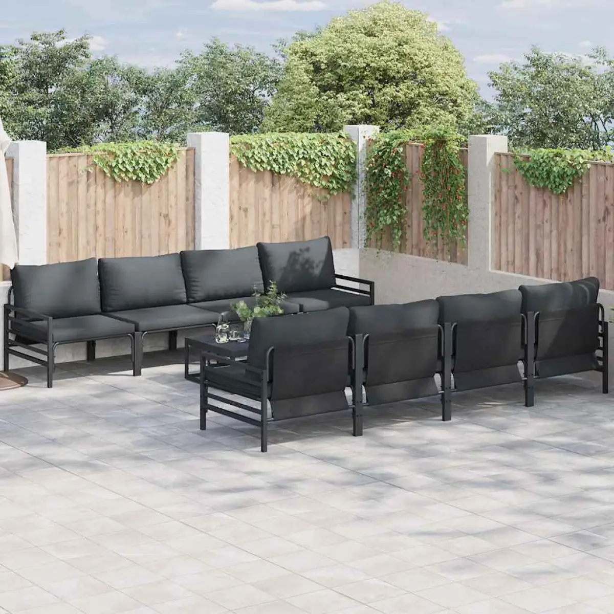 vidaXL vidaXL Garden Sofa Set with Cushion 9 pcs Black Steel - Garden Sofa Sets