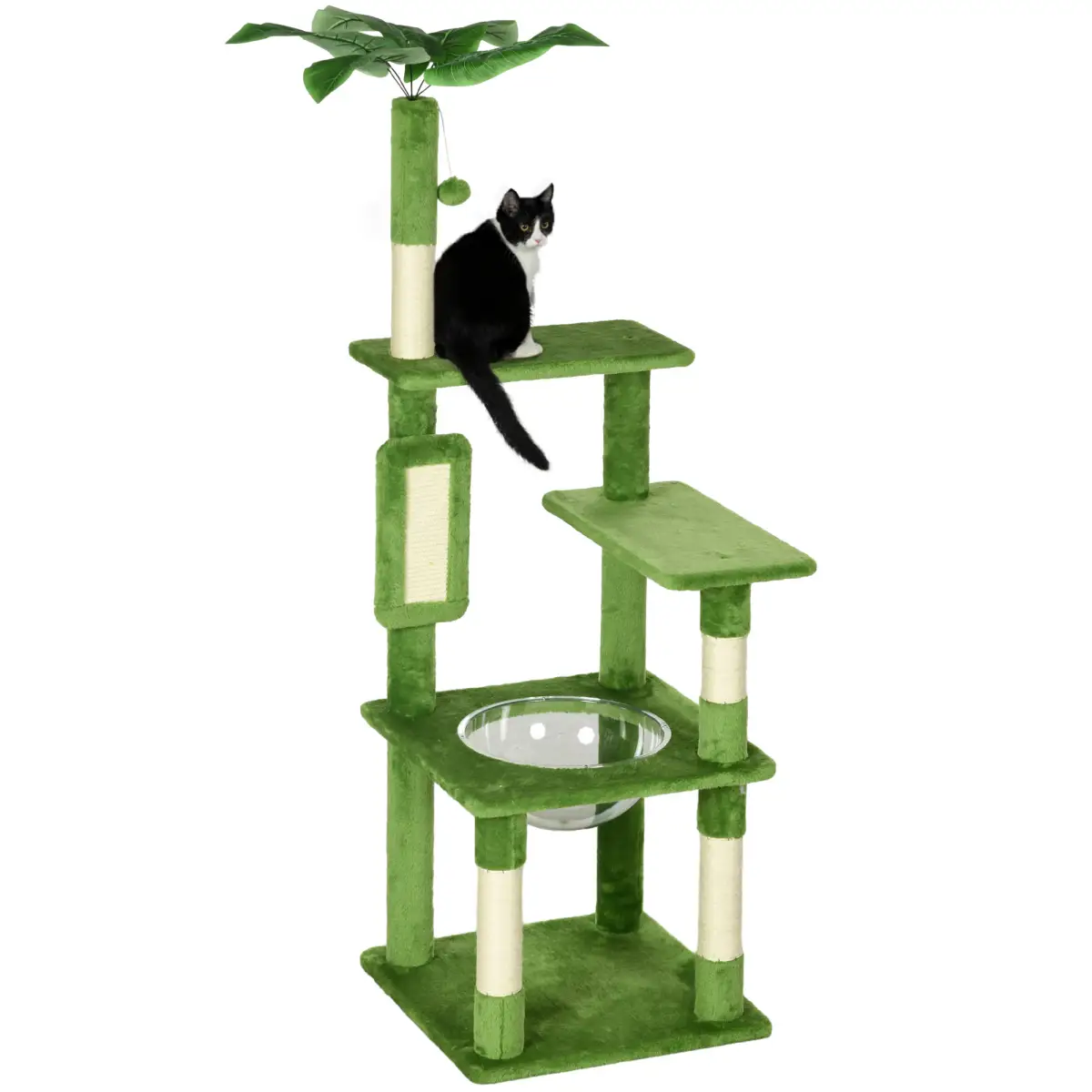PawHut PawHut 142cm Cat Tree Tower with Scratching Post Hammock Ball Platforms Green - Cat Tree