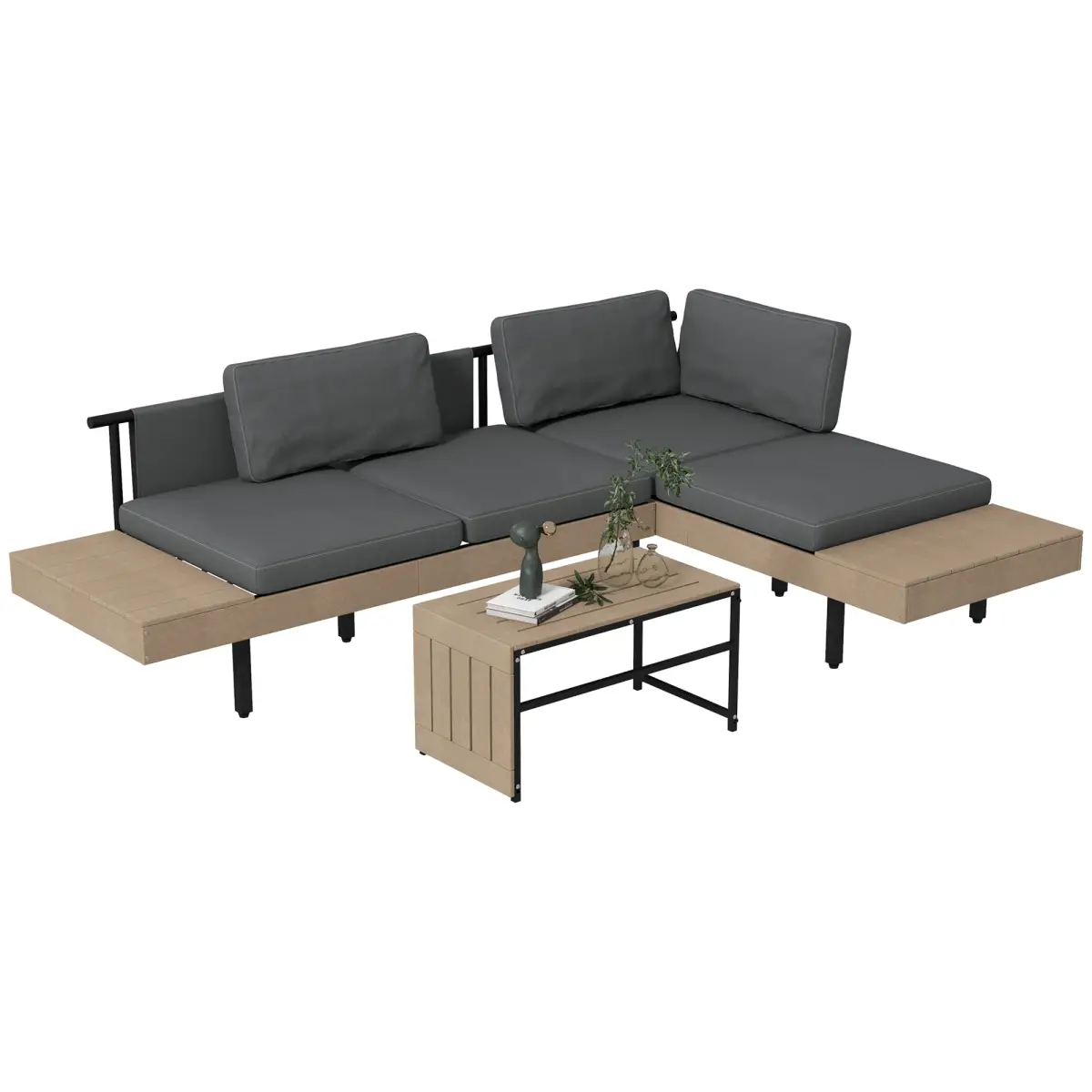 Outsunny Outsunny HDPE Garden Furniture Sets with Cushions, Table, L-Shaped Sofa, Grey - Garden Set