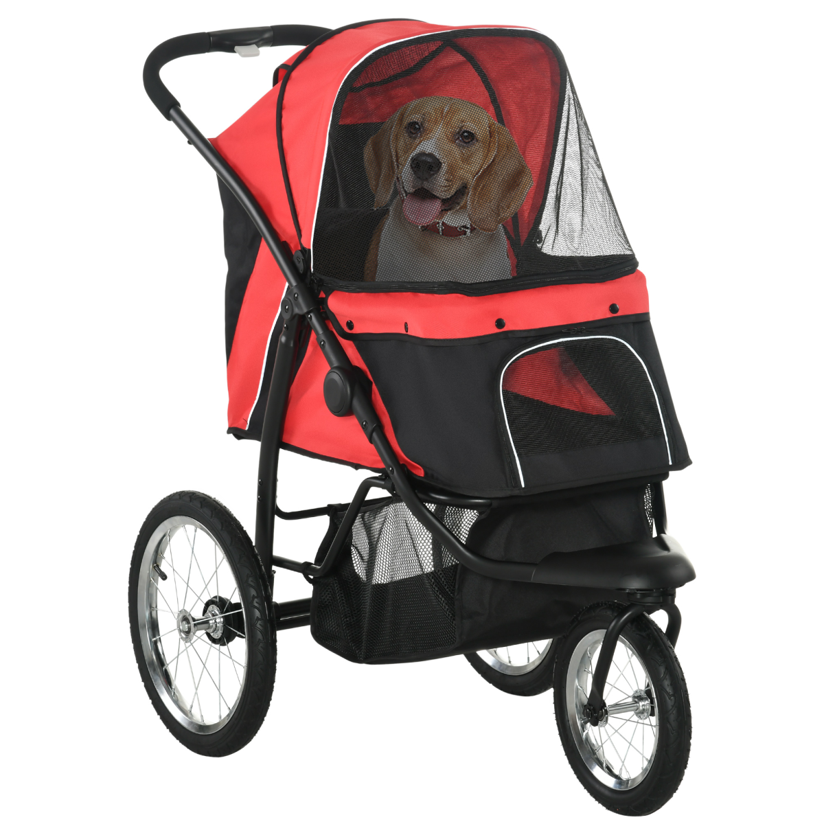 Foldable Pet Stroller Jogger w/ Canopy, Three Wheels, for Medium Dogs - Red - from PawHut