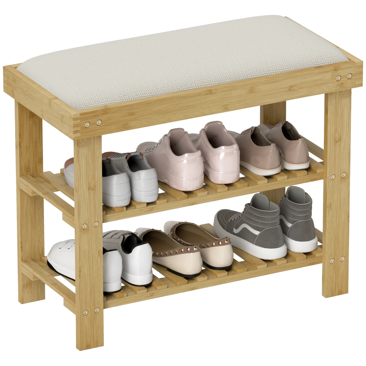 HOMCOM HOMCOM 3-Tier Shoe Storage Bench, Bamboo Shoe Rack for Entryway, Cream -
