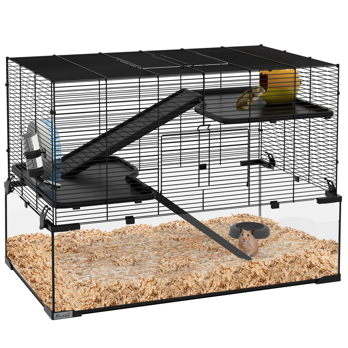 3 Tiers Hamster Cage w/ Deep Glass Bottom, Dish, Hut, 78.5 x 48.5 x 57cm - from PawHut
